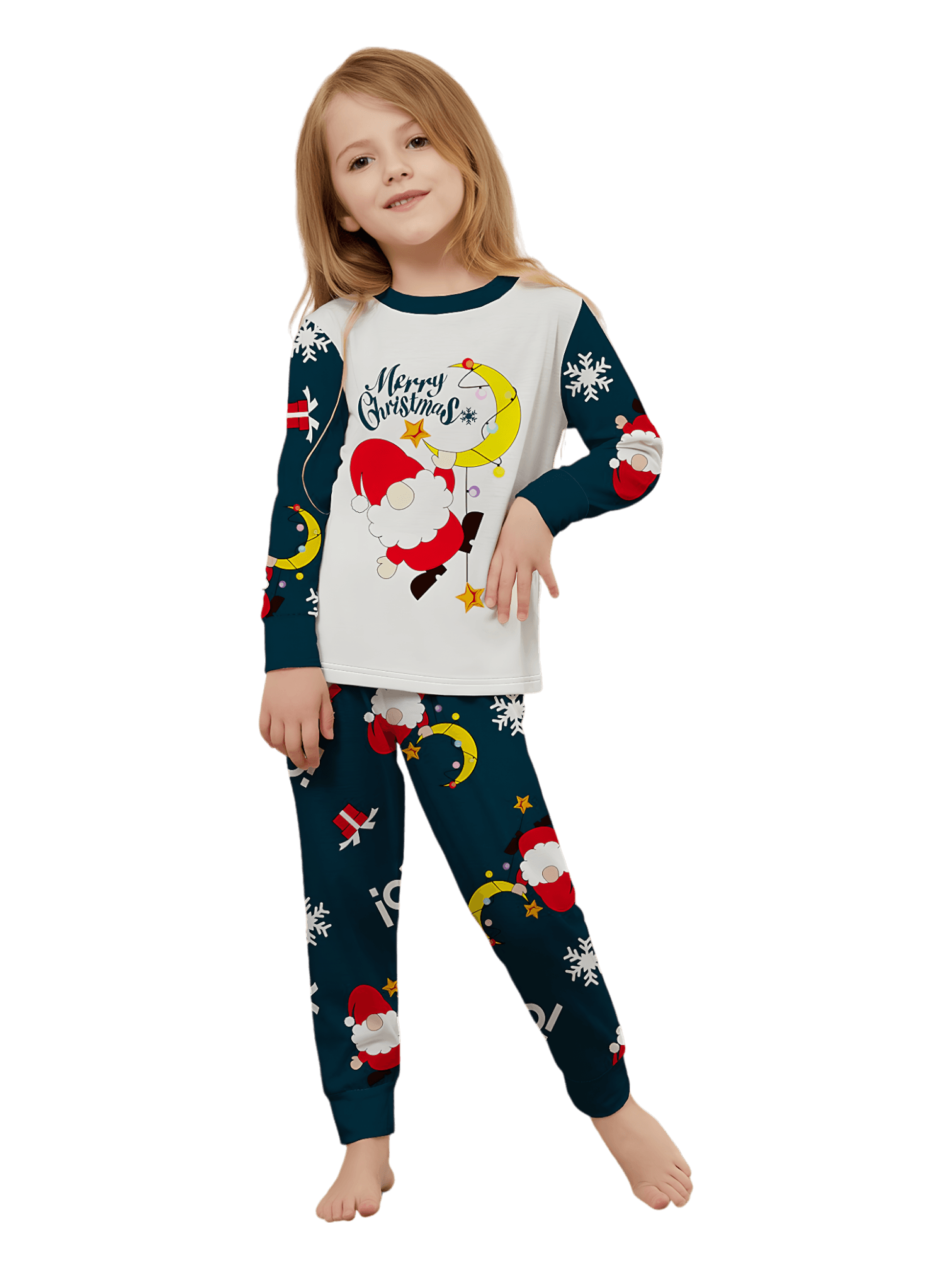 Divertido Papá Noel aferrado a su luna, pijama familiar de Navidad
