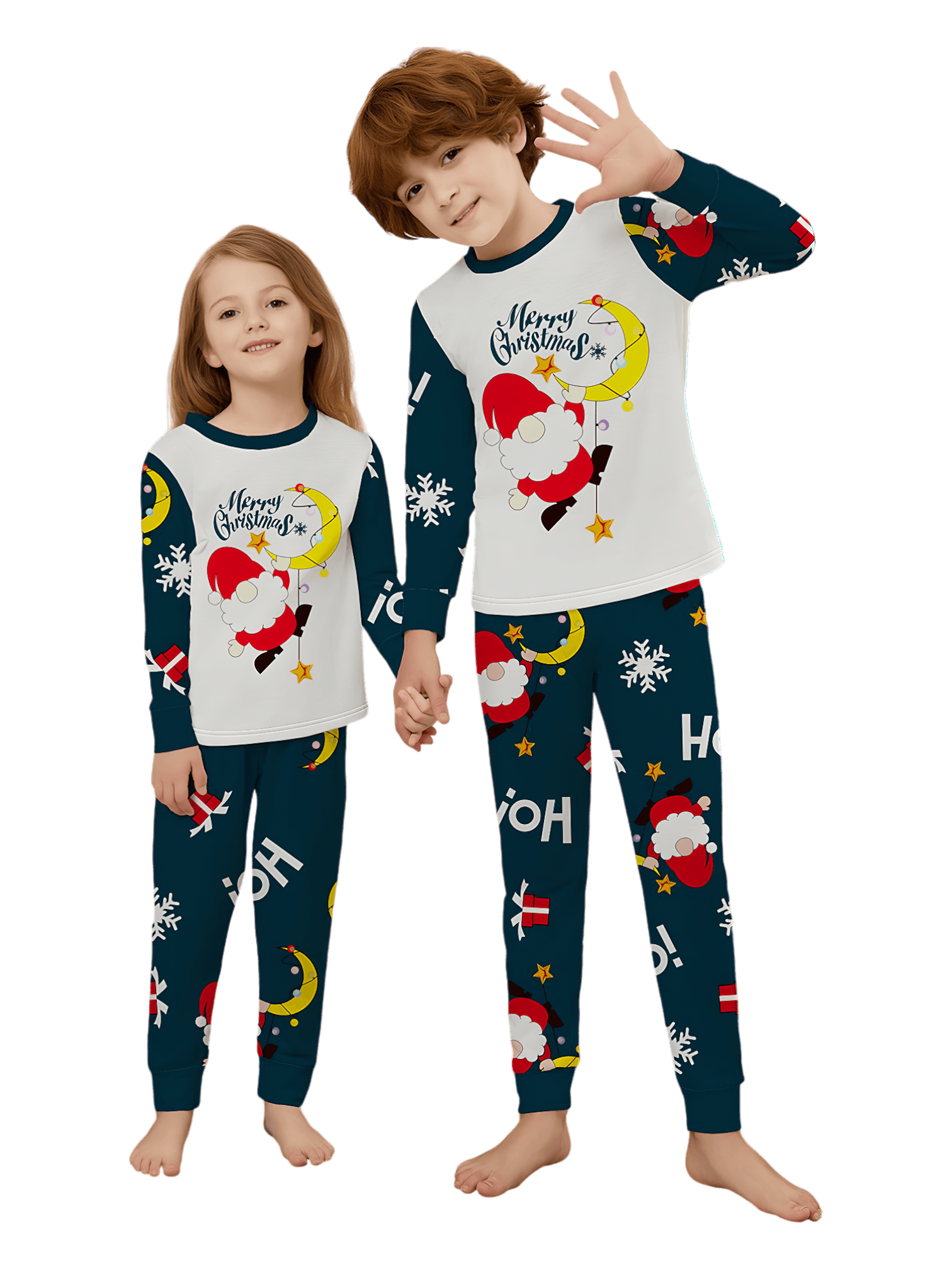 Divertido Papá Noel aferrado a su luna, pijama familiar de Navidad