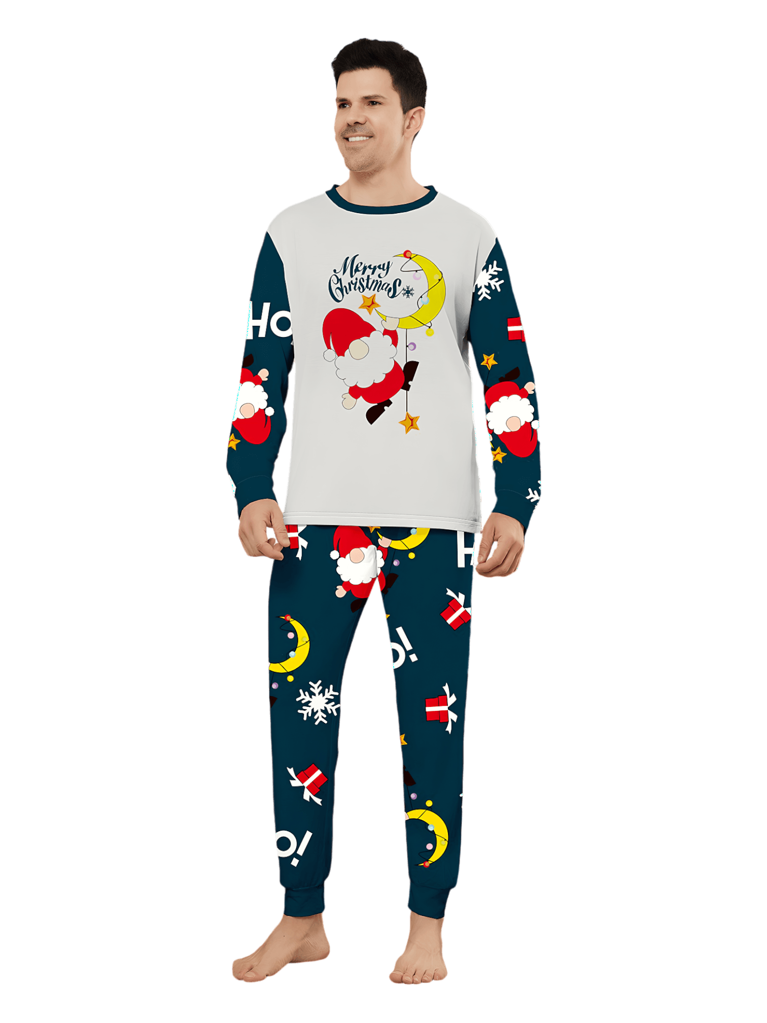 Divertido Papá Noel aferrado a su luna, pijama familiar de Navidad