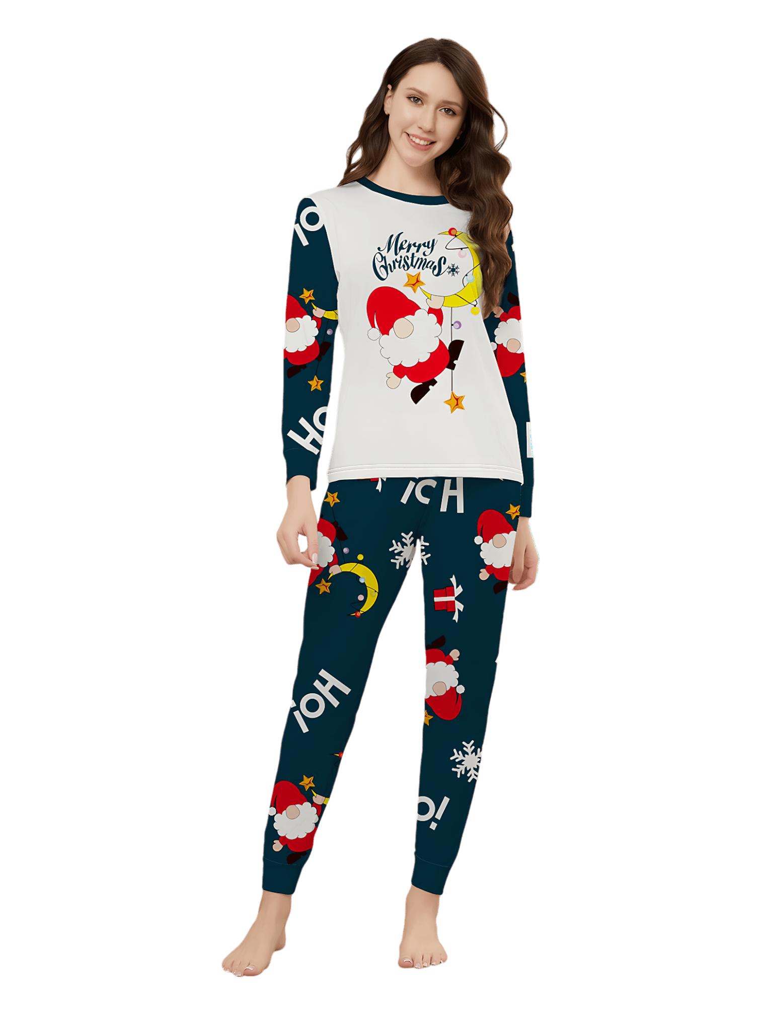 Divertido Papá Noel aferrado a su luna, pijama familiar de Navidad