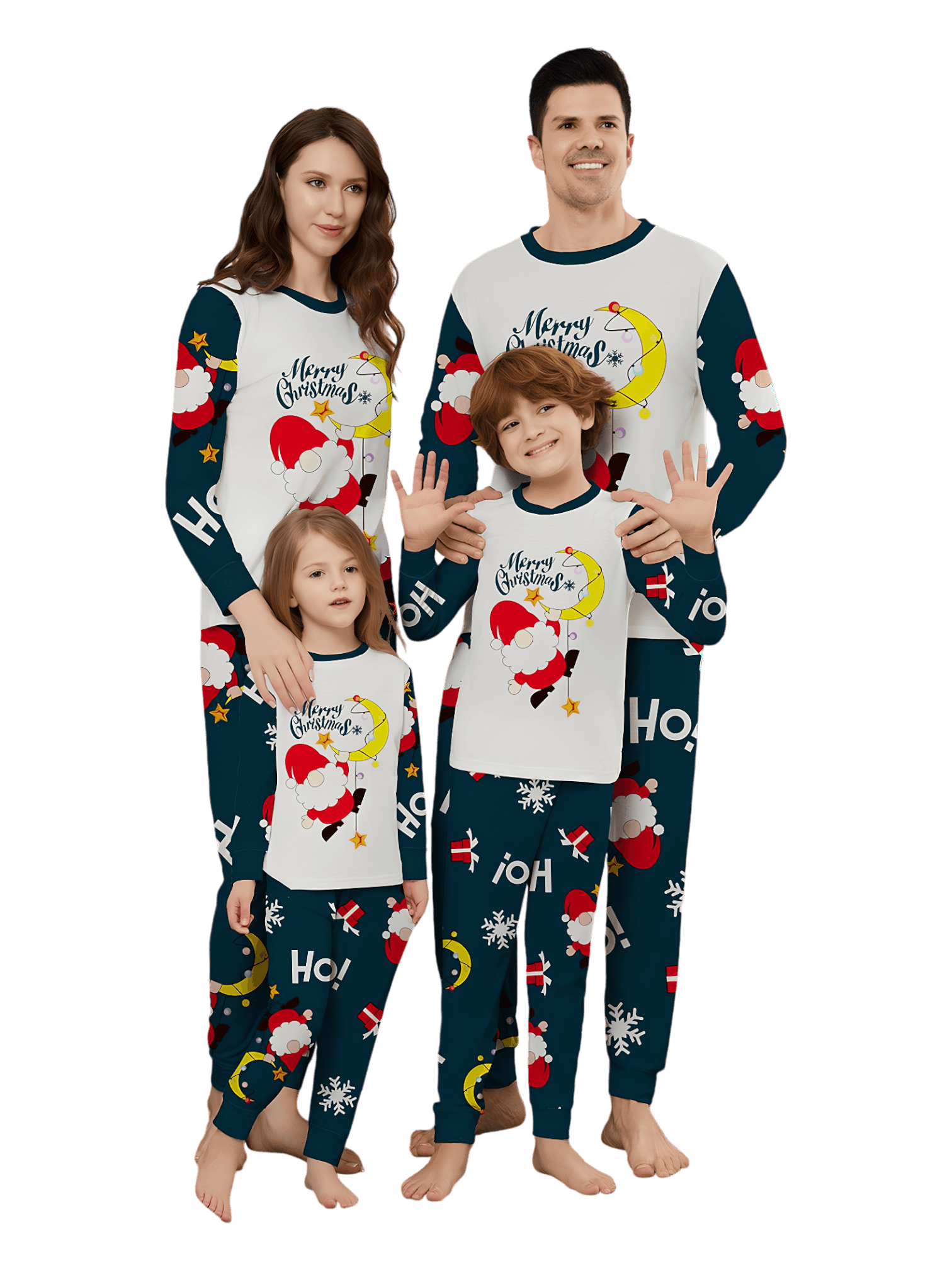 Divertido Papá Noel aferrado a su luna, pijama familiar de Navidad