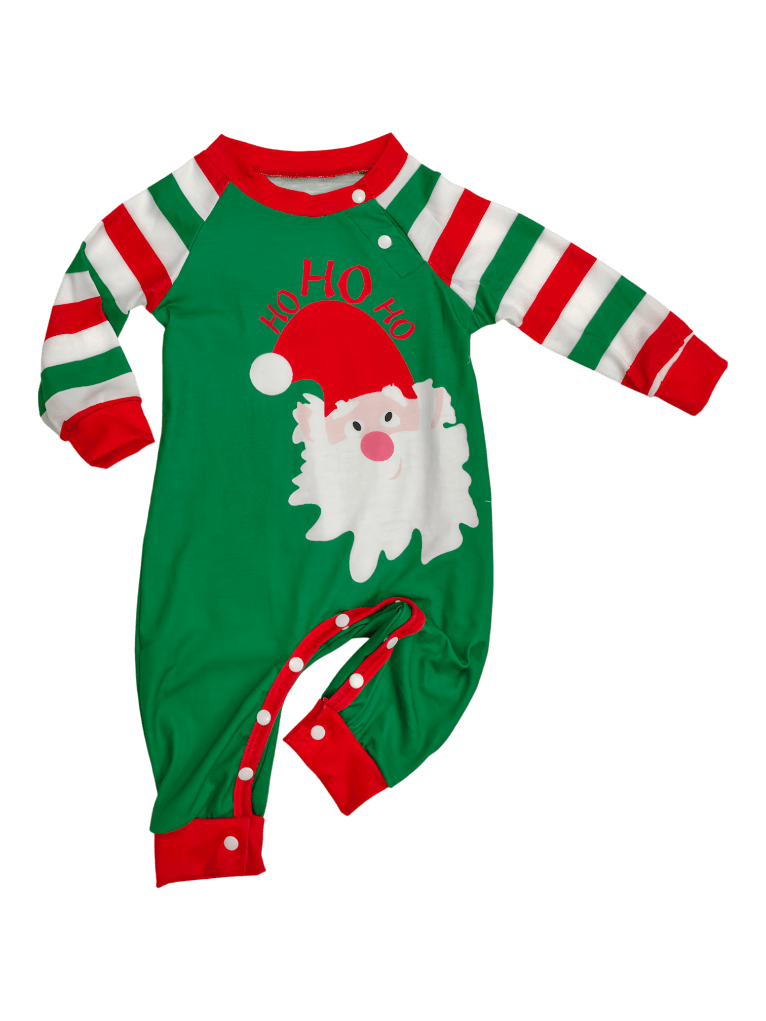 Green and red striped family, couples pajamas with Santa's head