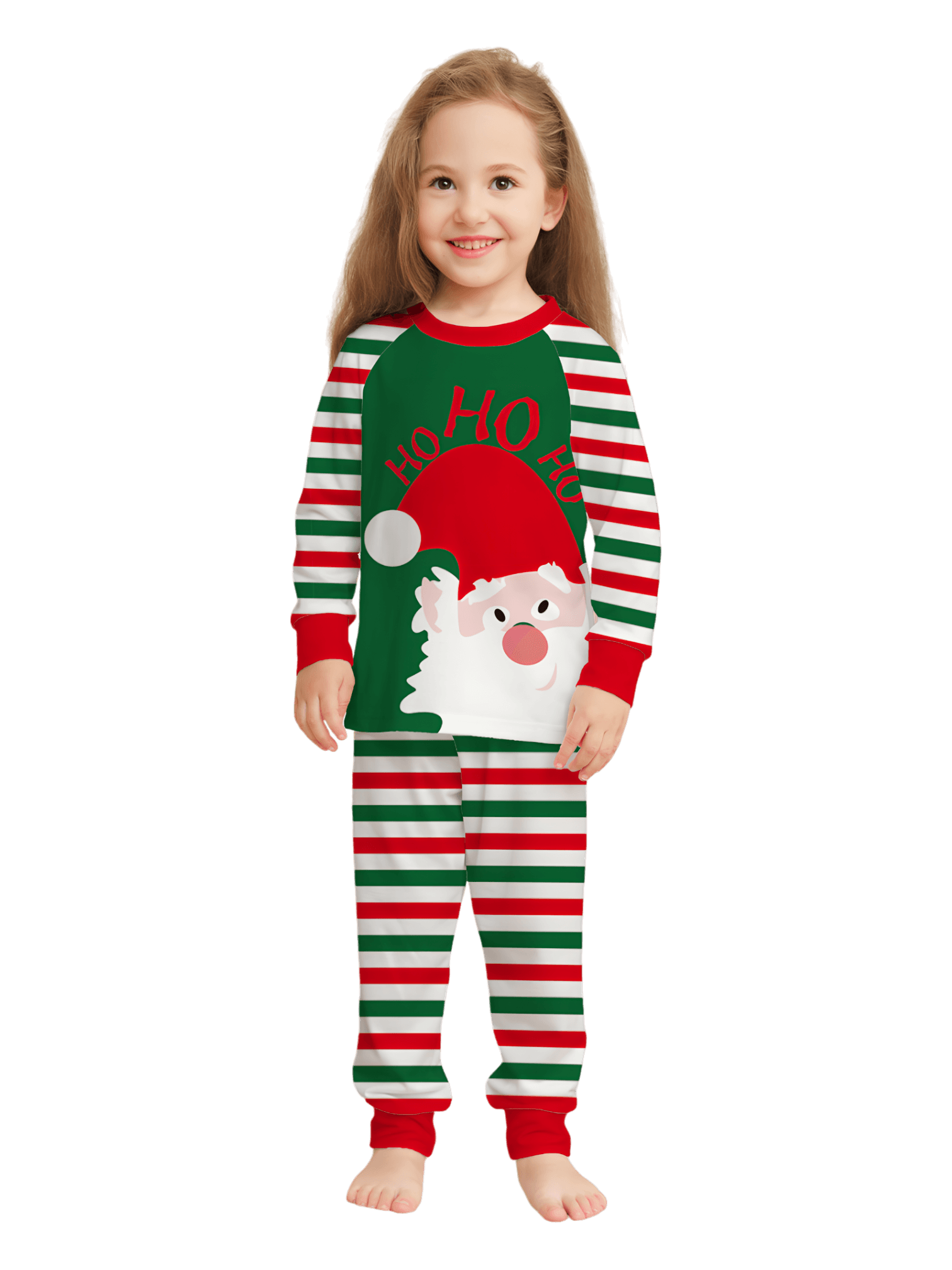 Green and red striped family, couples pajamas with Santa's head