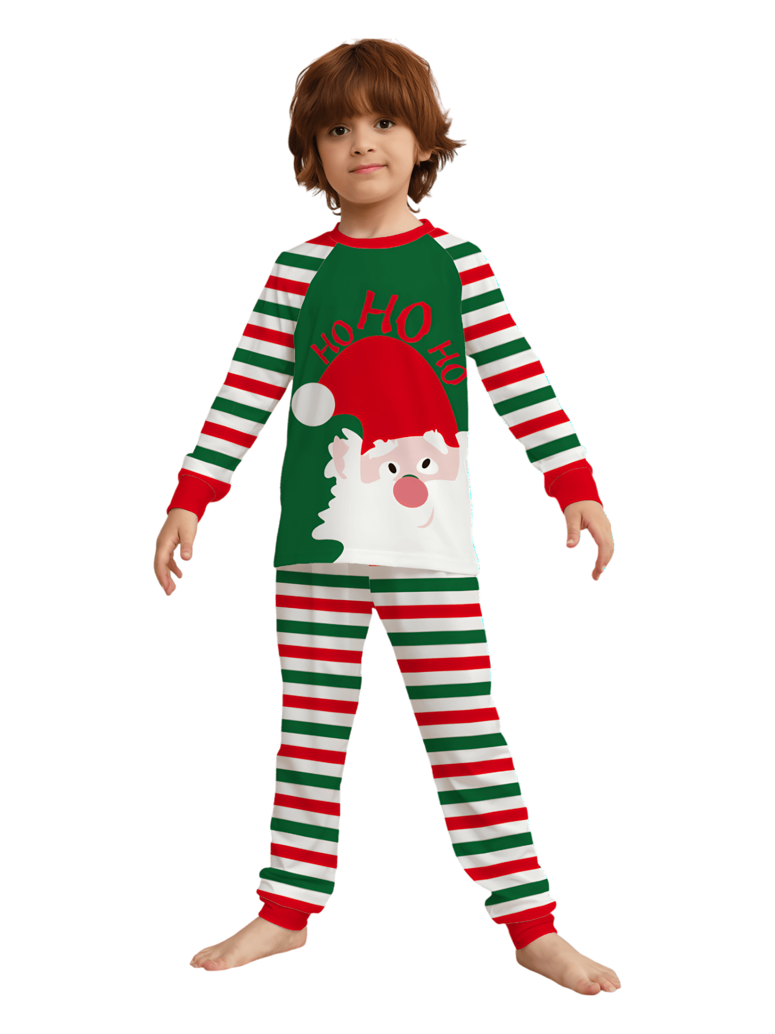 Green and red striped family, couples pajamas with Santa's head