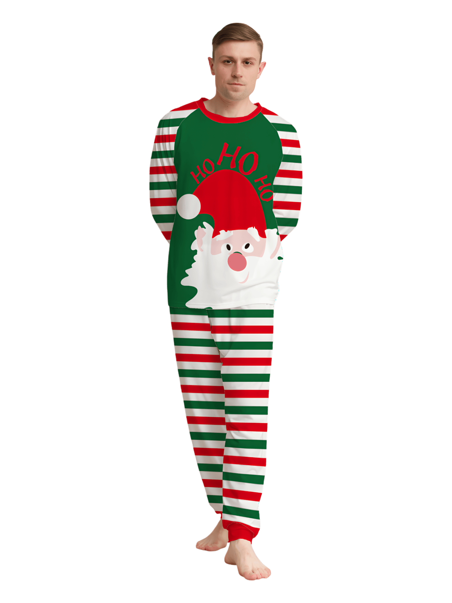 Green and red striped family, couples pajamas with Santa's head
