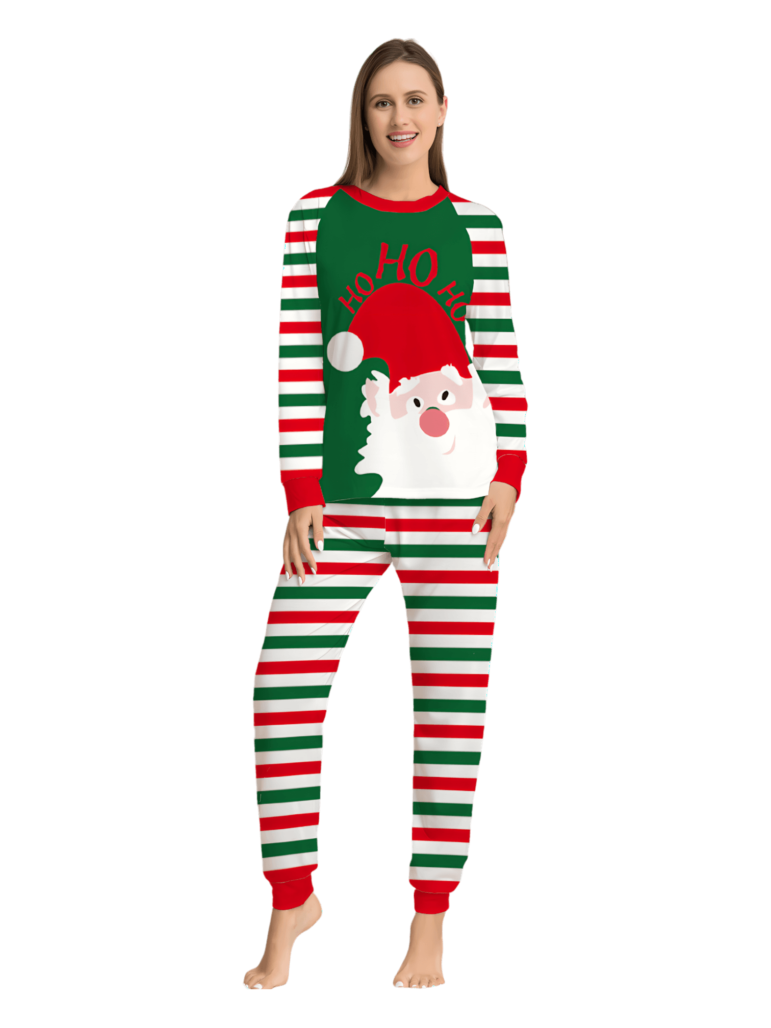 Green and red striped family, couples pajamas with Santa's head