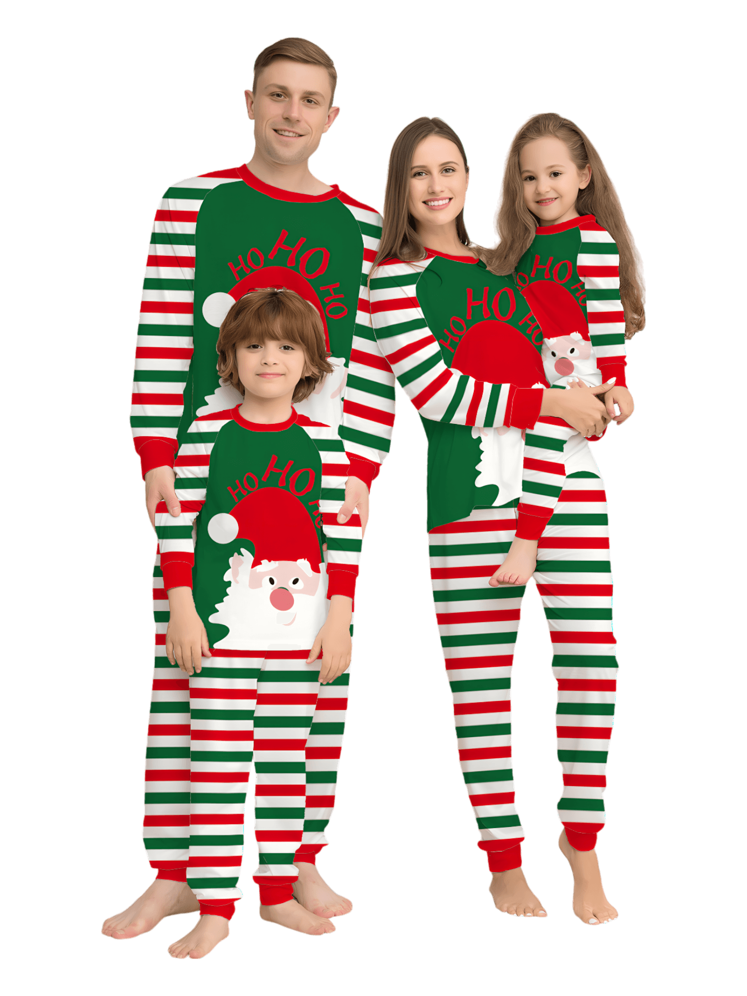Green and red striped family, couples pajamas with Santa's head