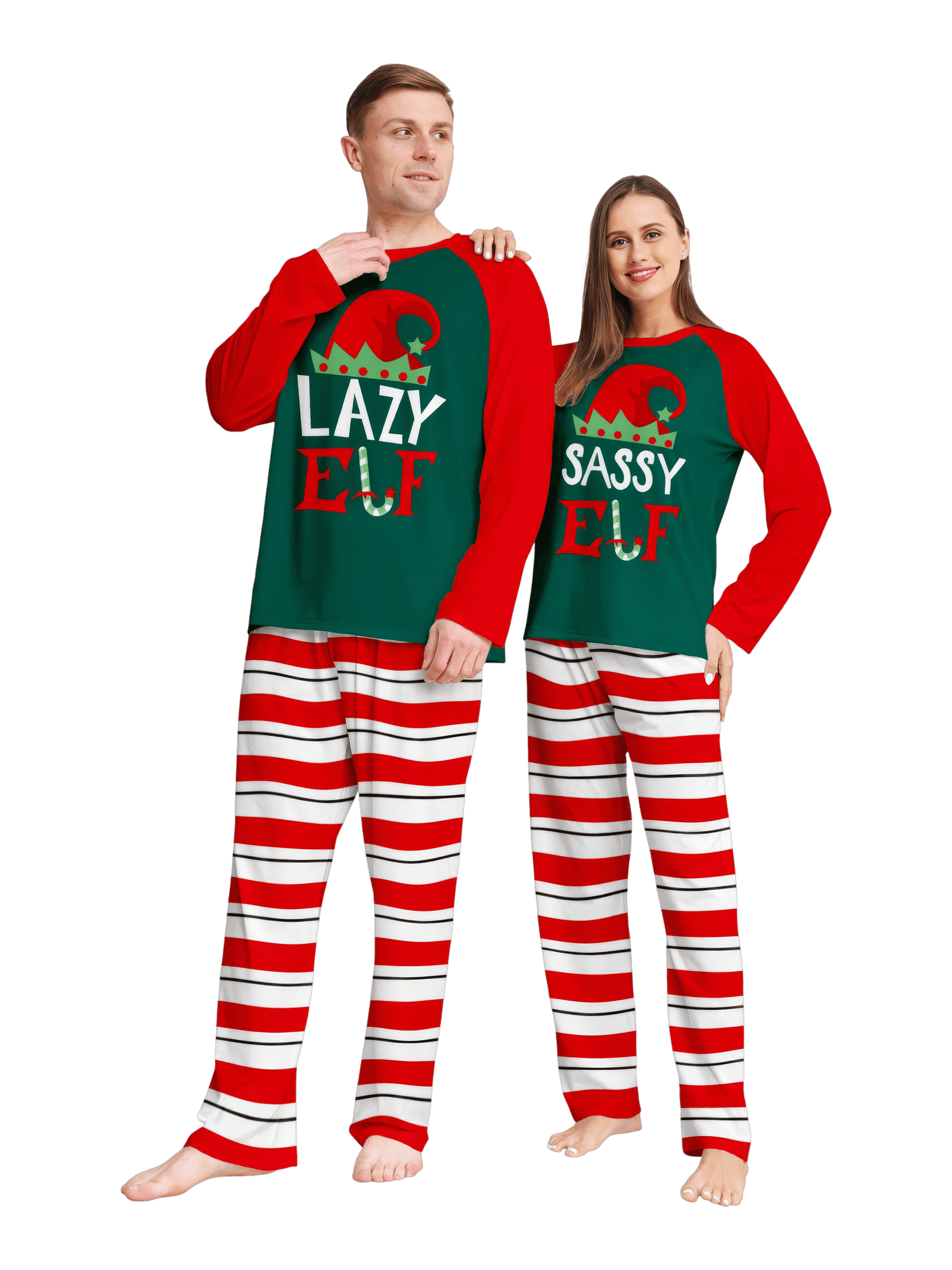 Green and red striped Elf family pyjamas