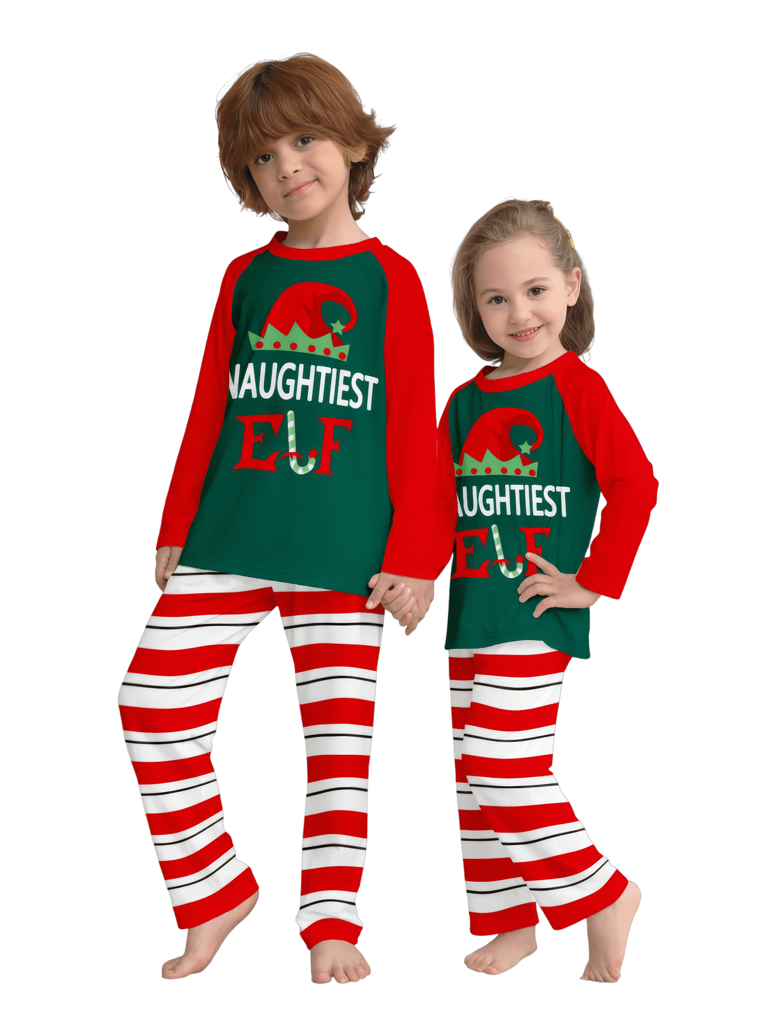 Green and red striped Elf family pyjamas