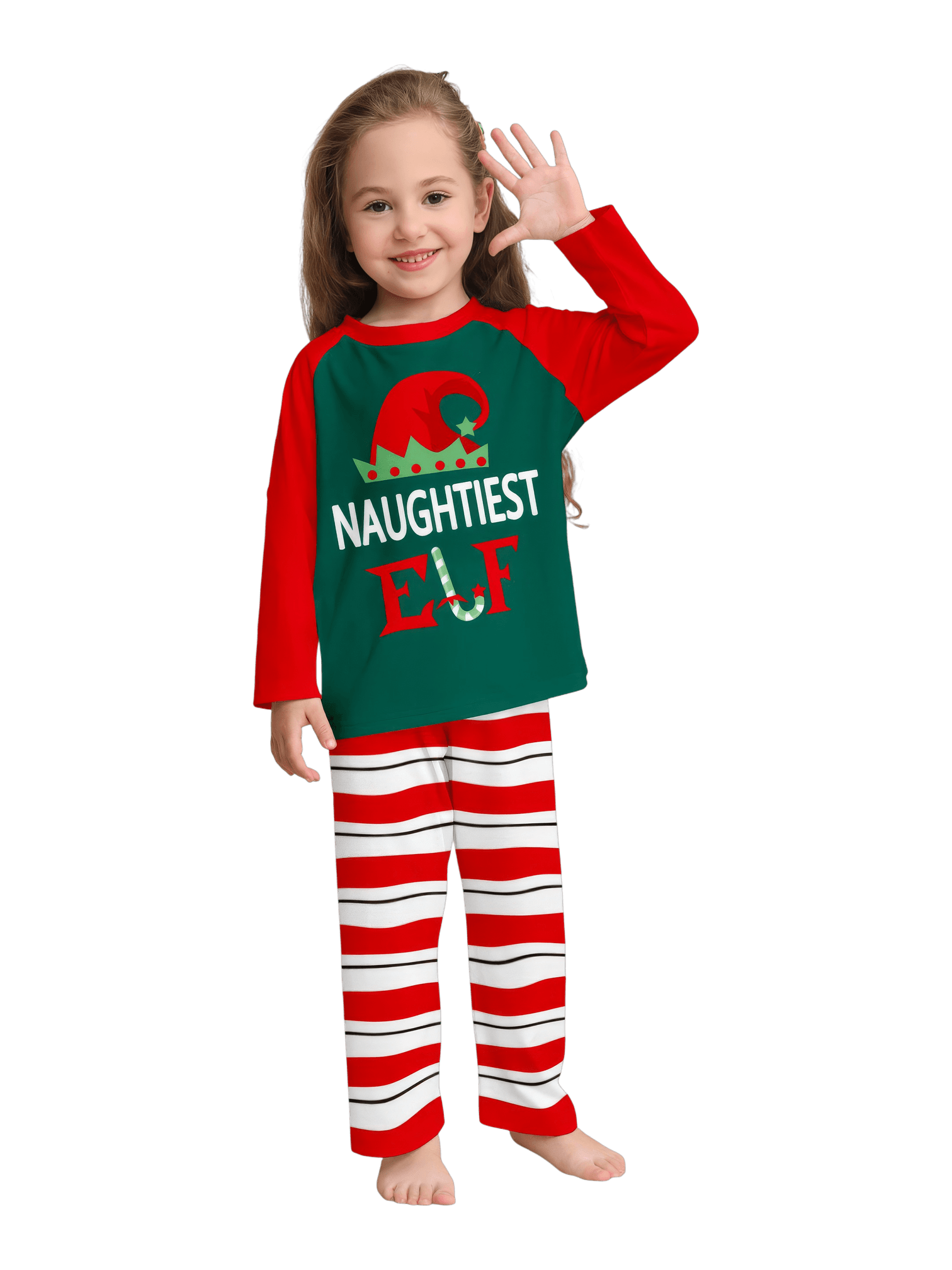 Green and red striped Elf family pyjamas