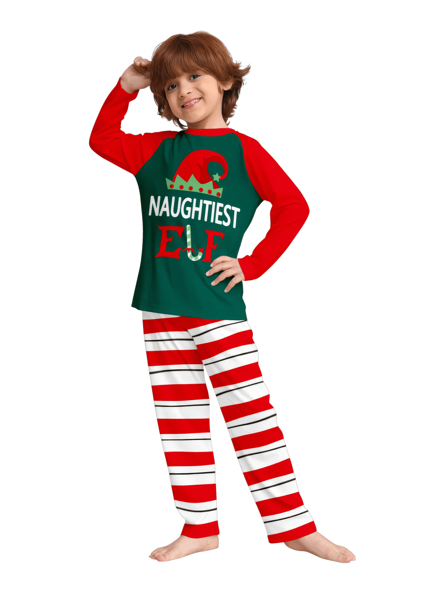 Green and red striped Elf family pyjamas