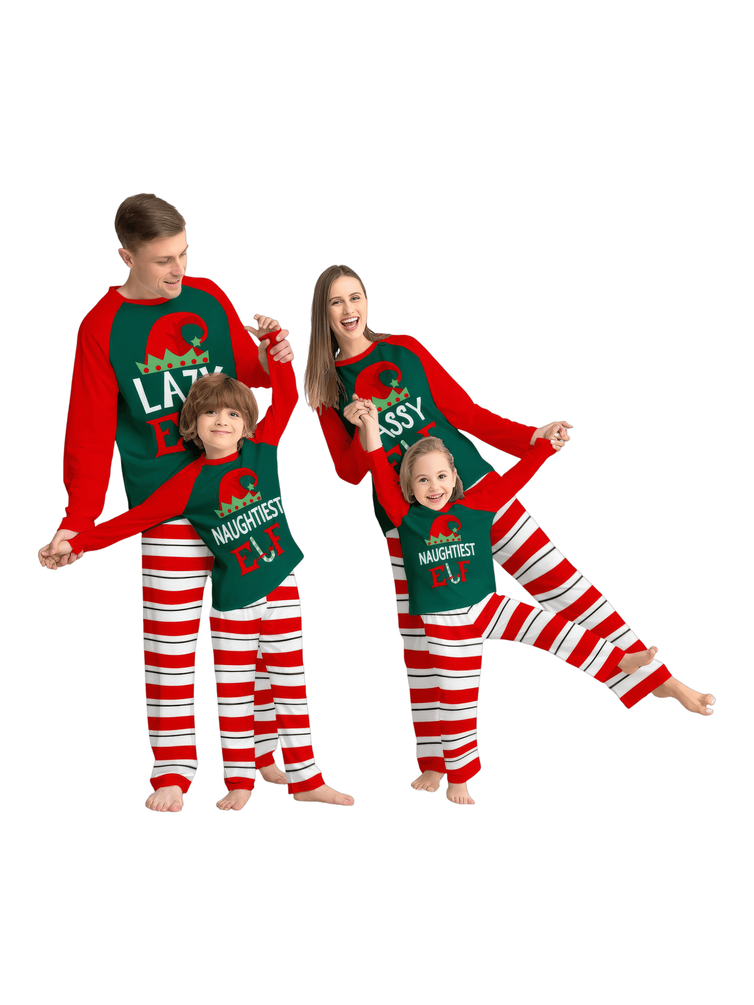 Green and red striped Elf family pyjamas