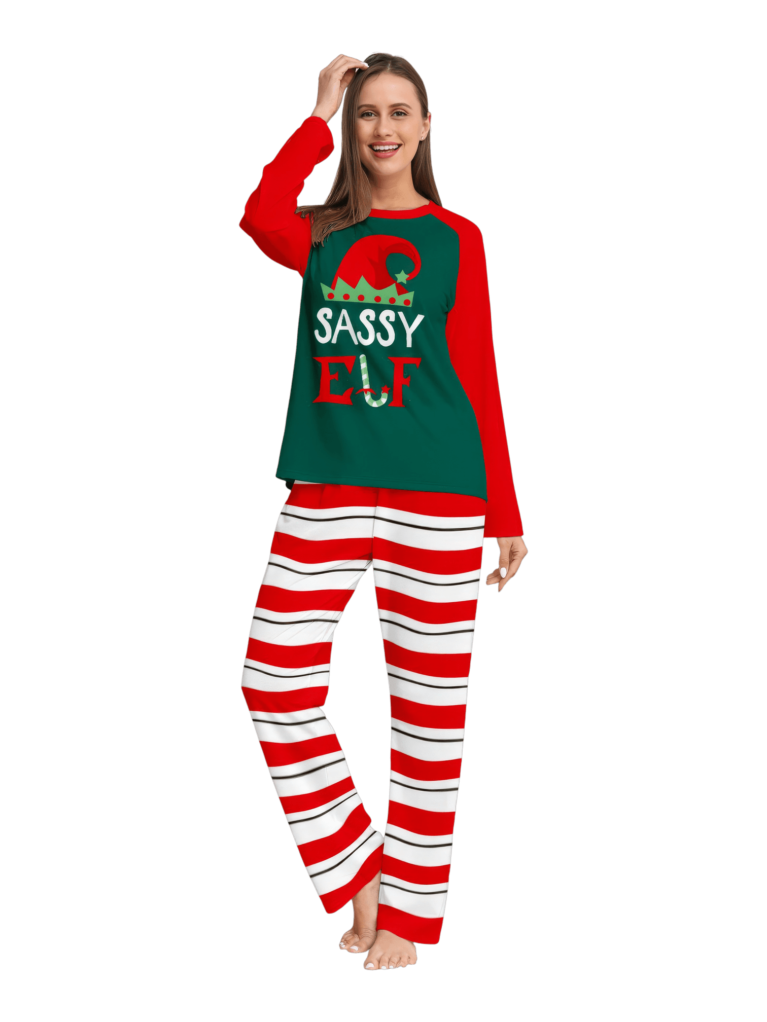 Green and red striped Elf family pyjamas