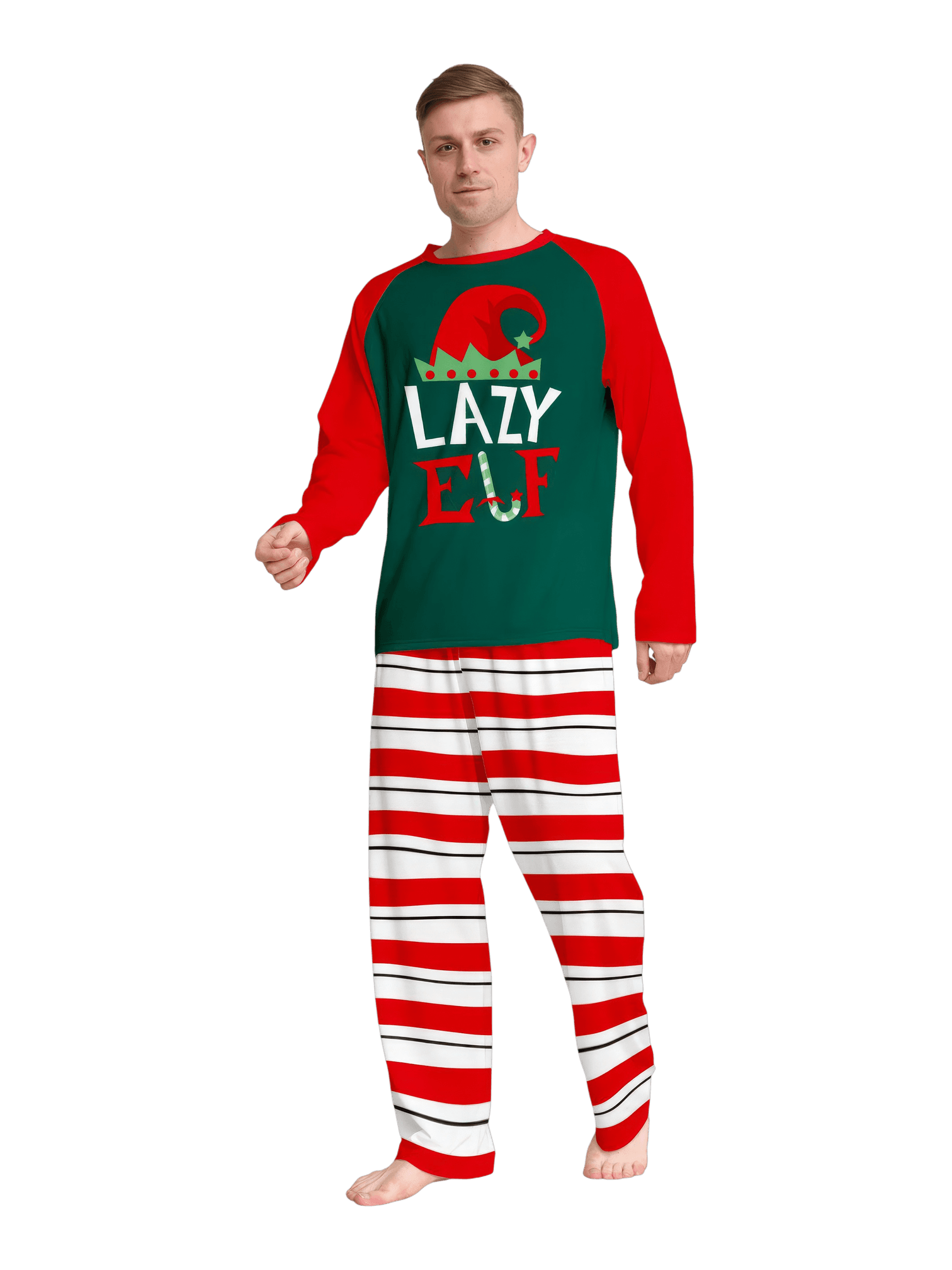 Green and red striped Elf family pyjamas