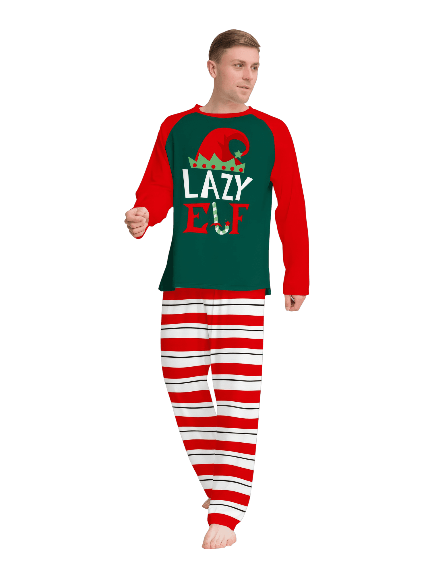 Green and red striped Elf family pyjamas