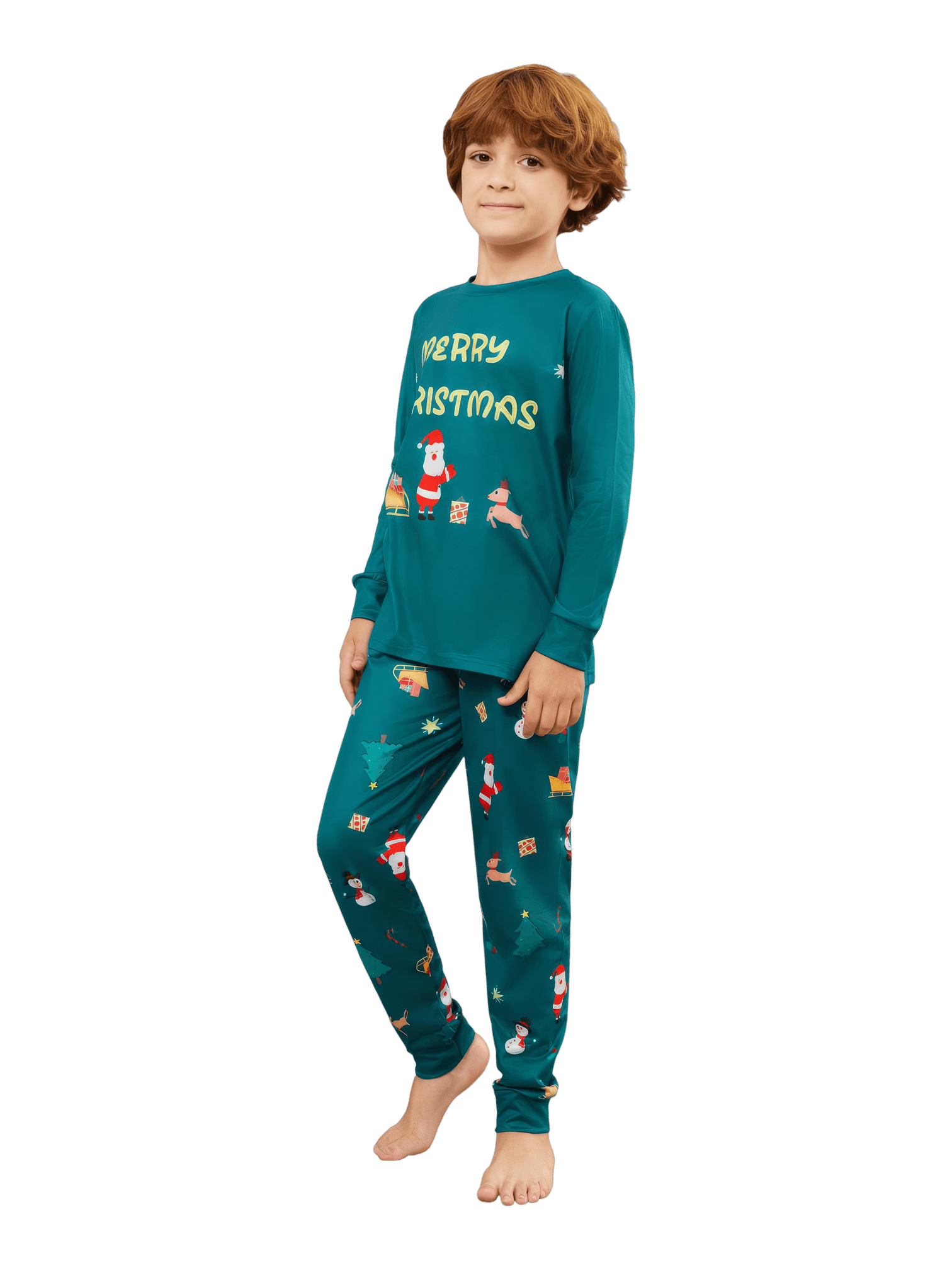 Grüner Weihnachtsfamilienpyjama, Weihnachtsmann und sein Schlitten