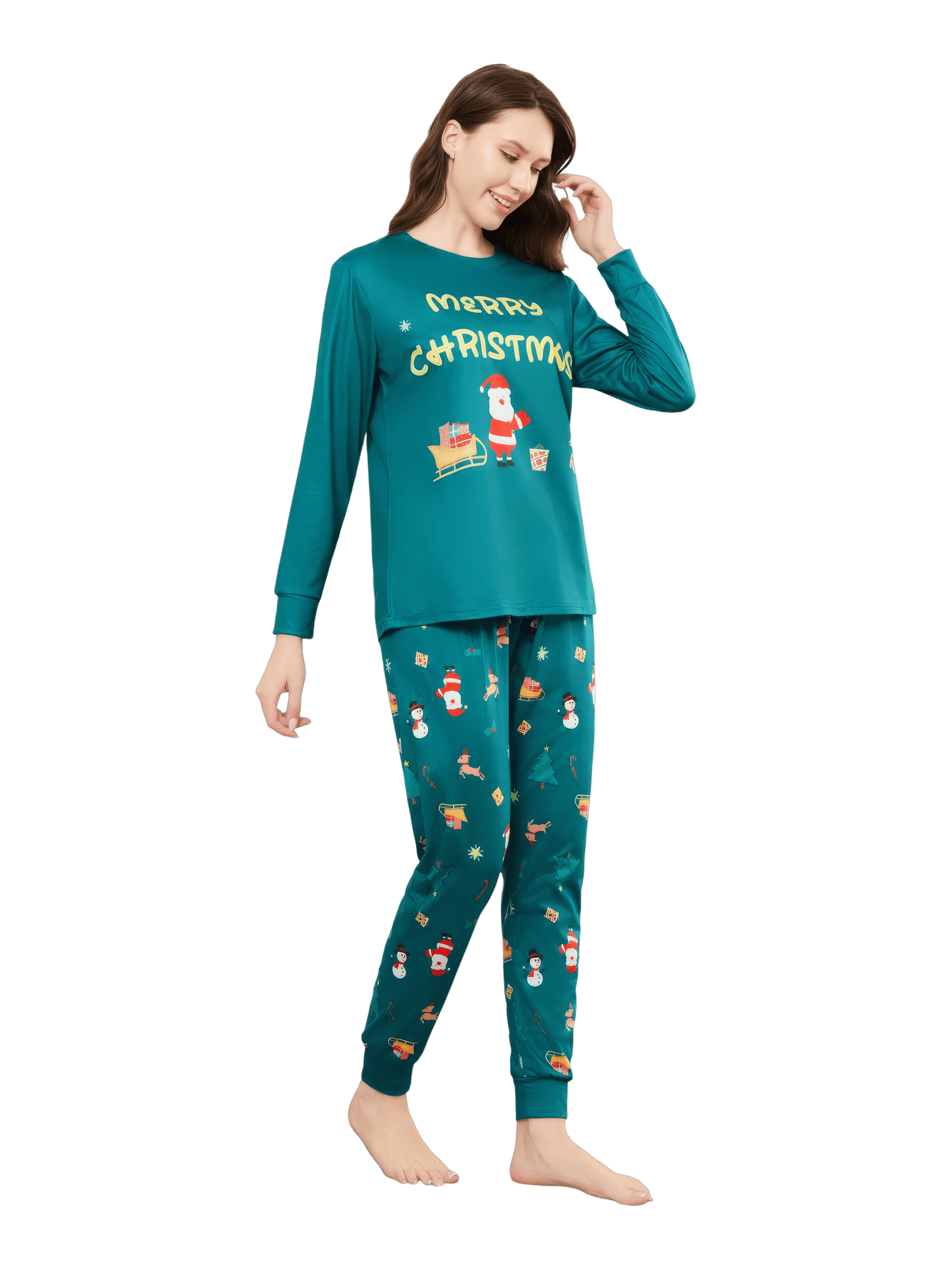Grüner Weihnachtsfamilienpyjama, Weihnachtsmann und sein Schlitten