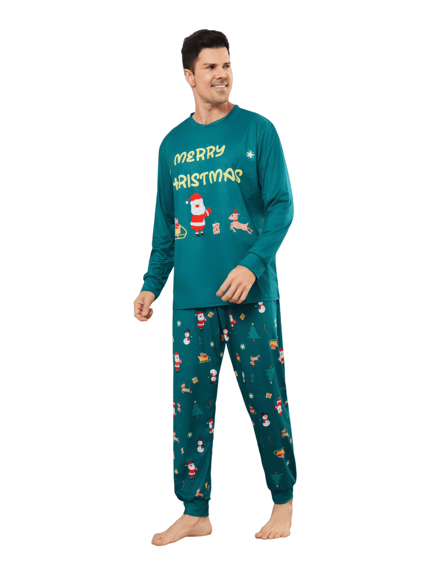 Grüner Weihnachtsfamilienpyjama, Weihnachtsmann und sein Schlitten