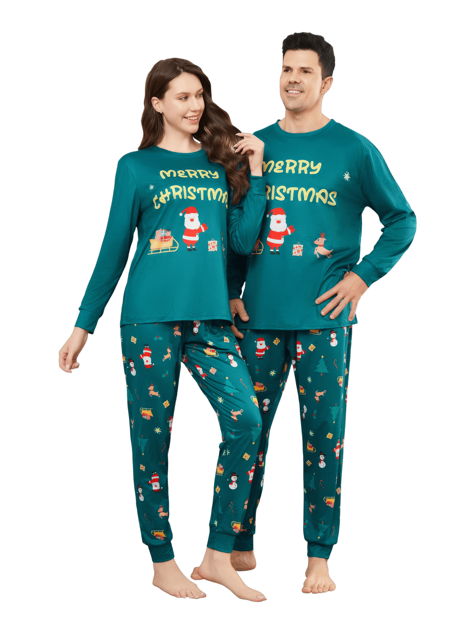 Grüner Weihnachtsfamilienpyjama, Weihnachtsmann und sein Schlitten