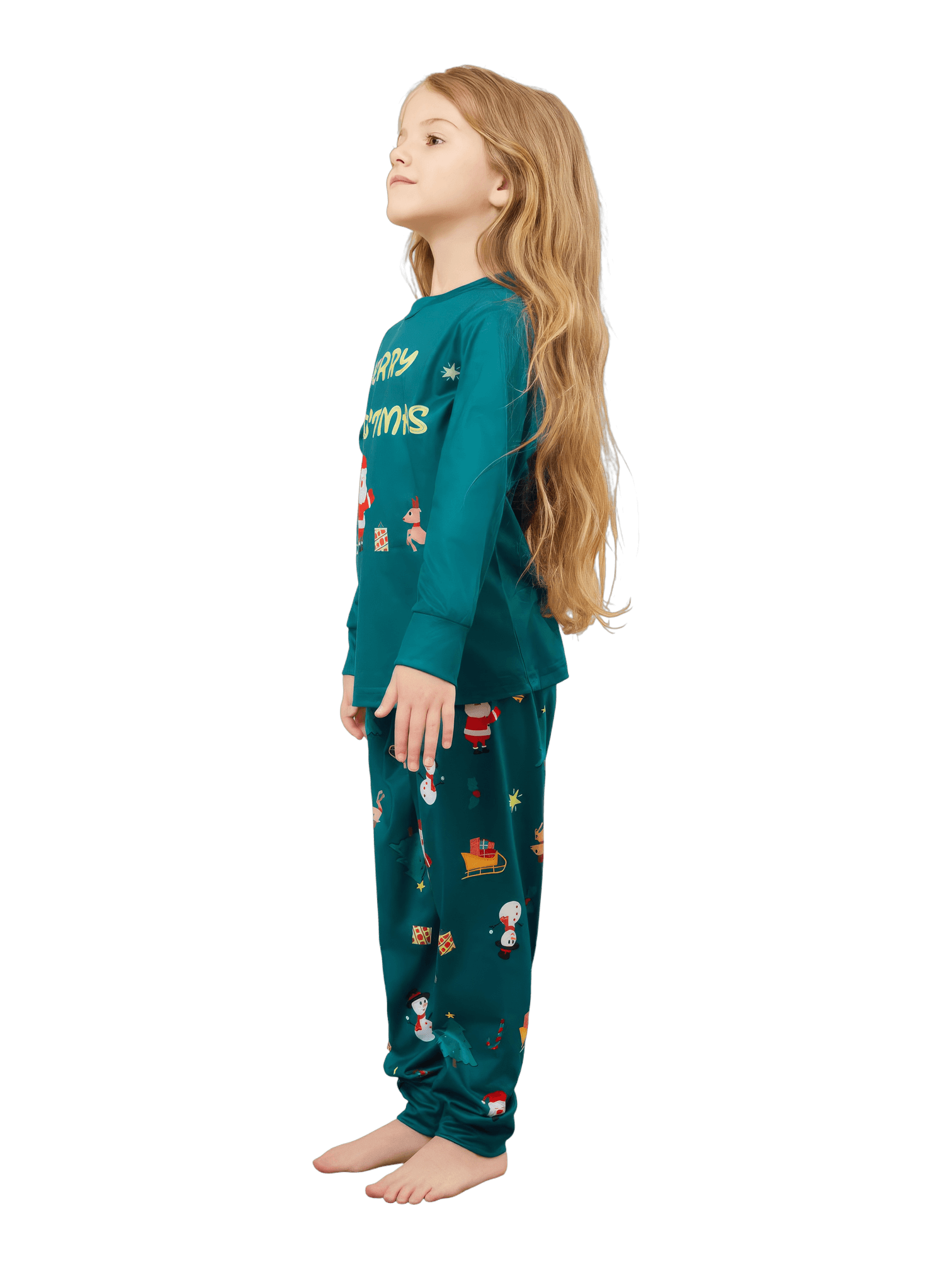 Grüner Weihnachtsfamilienpyjama, Weihnachtsmann und sein Schlitten