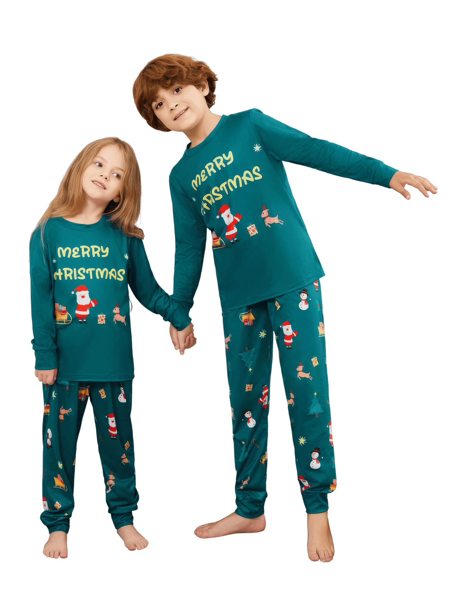 Grüner Weihnachtsfamilienpyjama, Weihnachtsmann und sein Schlitten