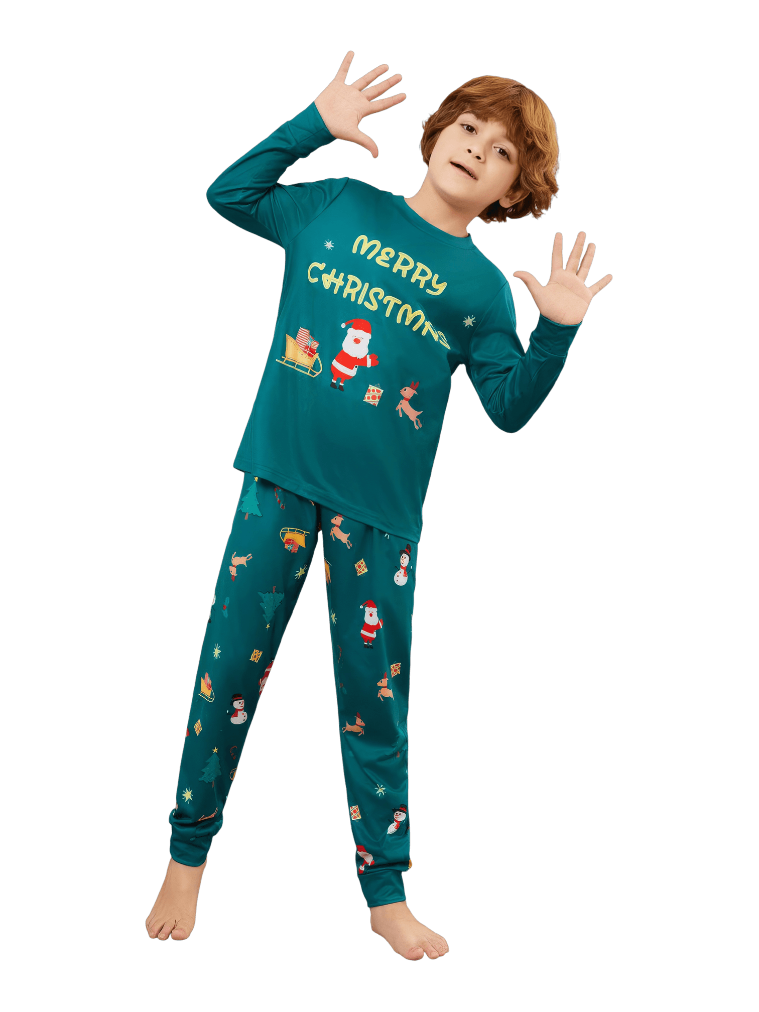 Grüner Weihnachtsfamilienpyjama, Weihnachtsmann und sein Schlitten