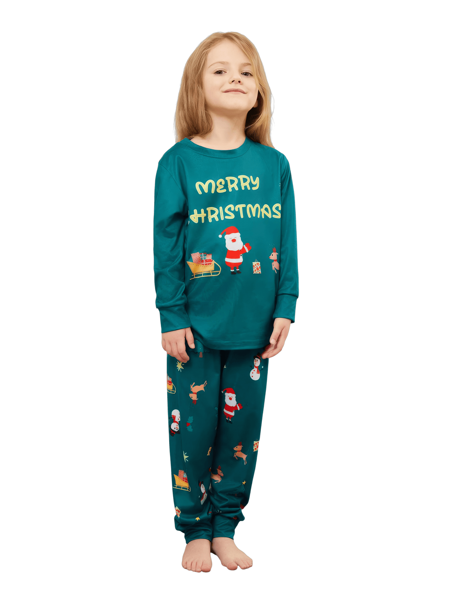 Grüner Weihnachtsfamilienpyjama, Weihnachtsmann und sein Schlitten