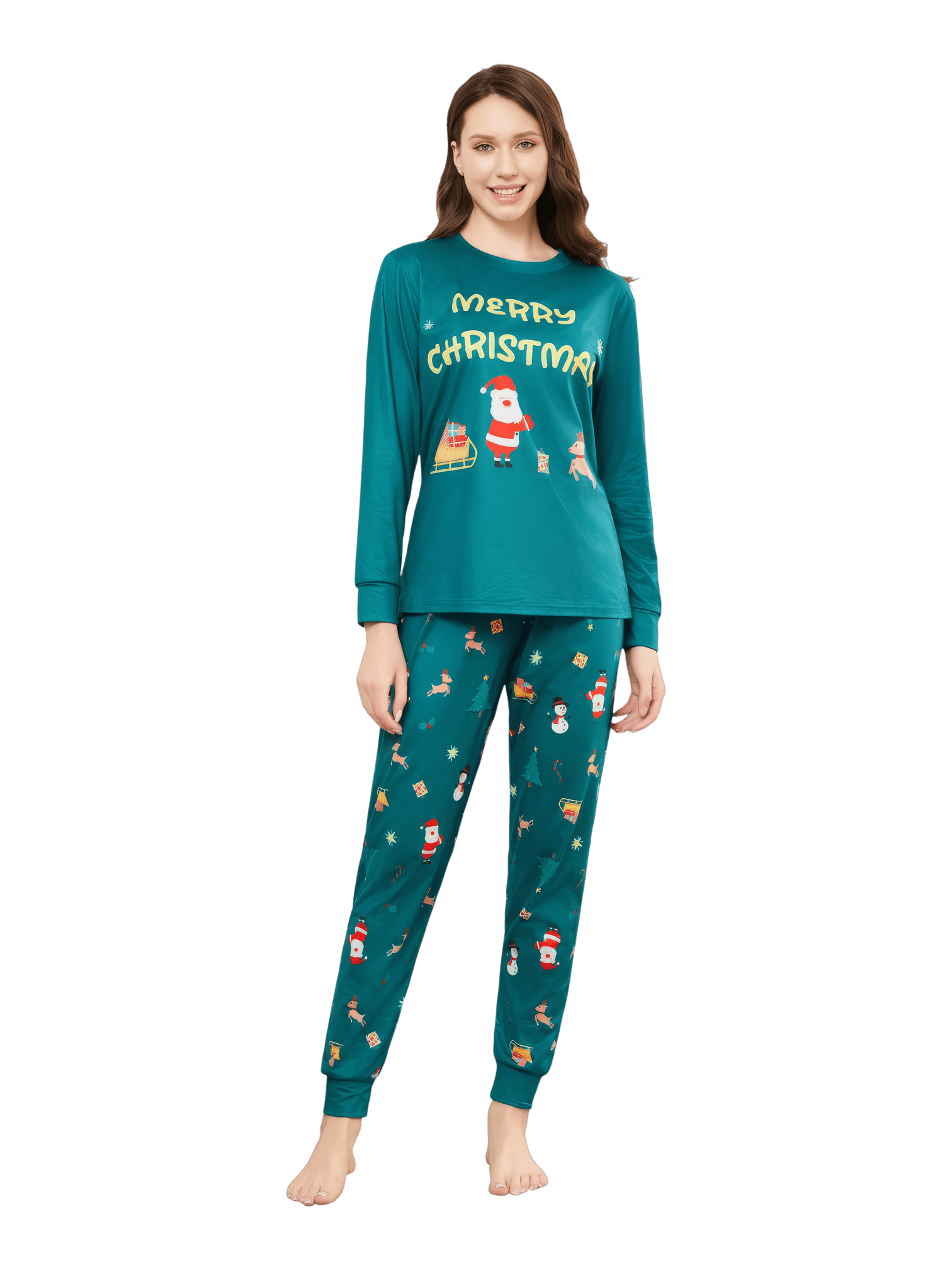 Grüner Weihnachtsfamilienpyjama, Weihnachtsmann und sein Schlitten