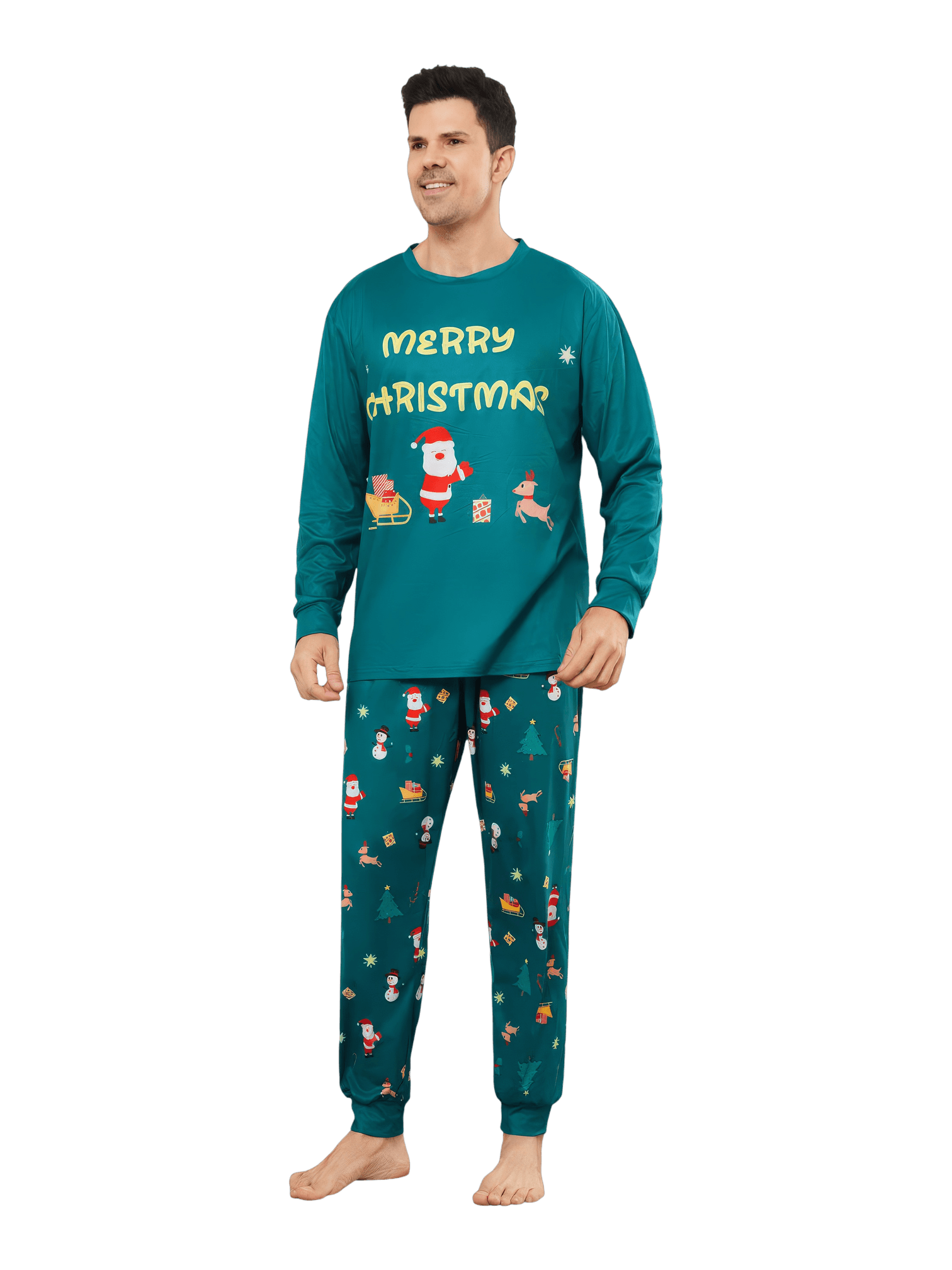 Grüner Weihnachtsfamilienpyjama, Weihnachtsmann und sein Schlitten