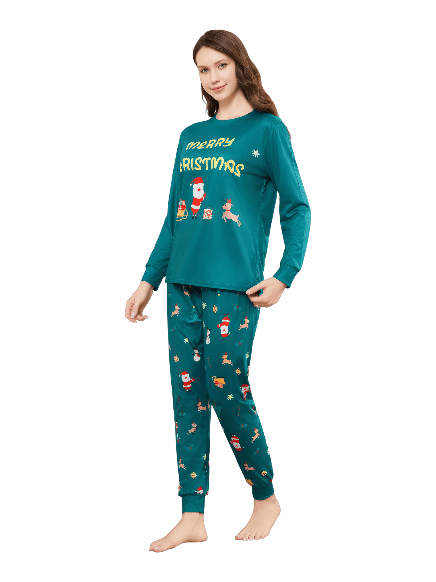 Grüner Weihnachtsfamilienpyjama, Weihnachtsmann und sein Schlitten