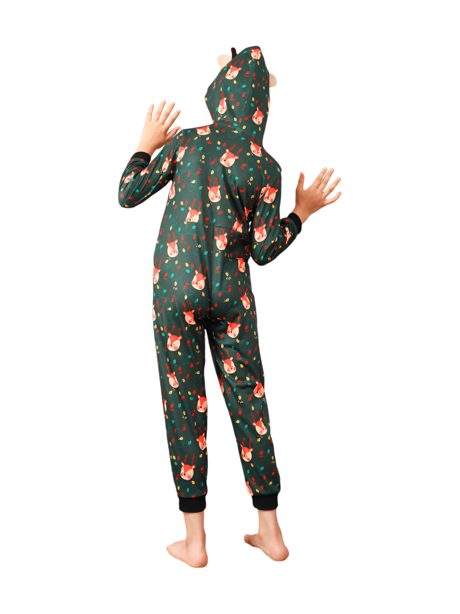 Green cute reindeer jumpsuit with reindeer hood for all ages
