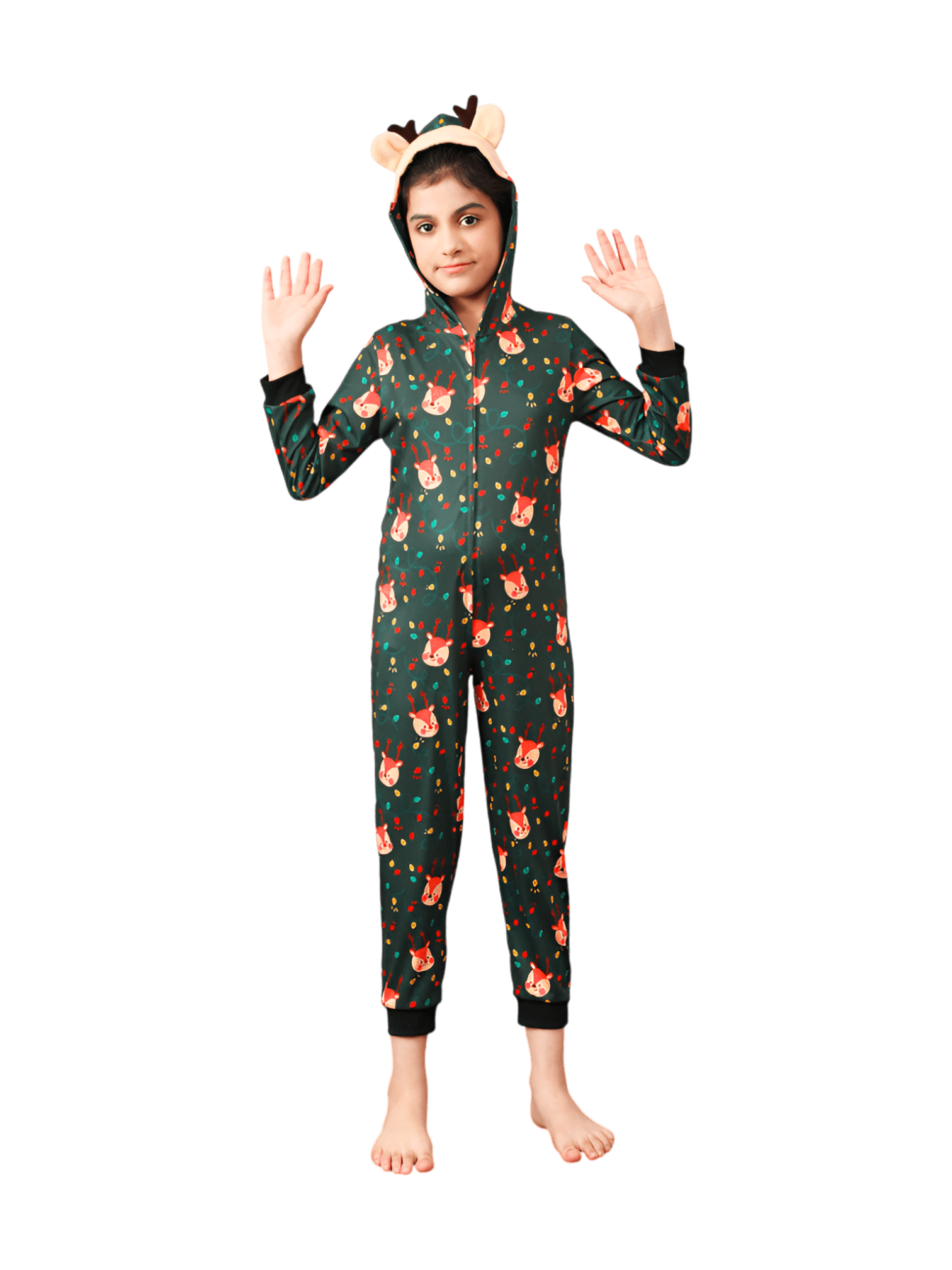 Green cute reindeer jumpsuit with reindeer hood for all ages