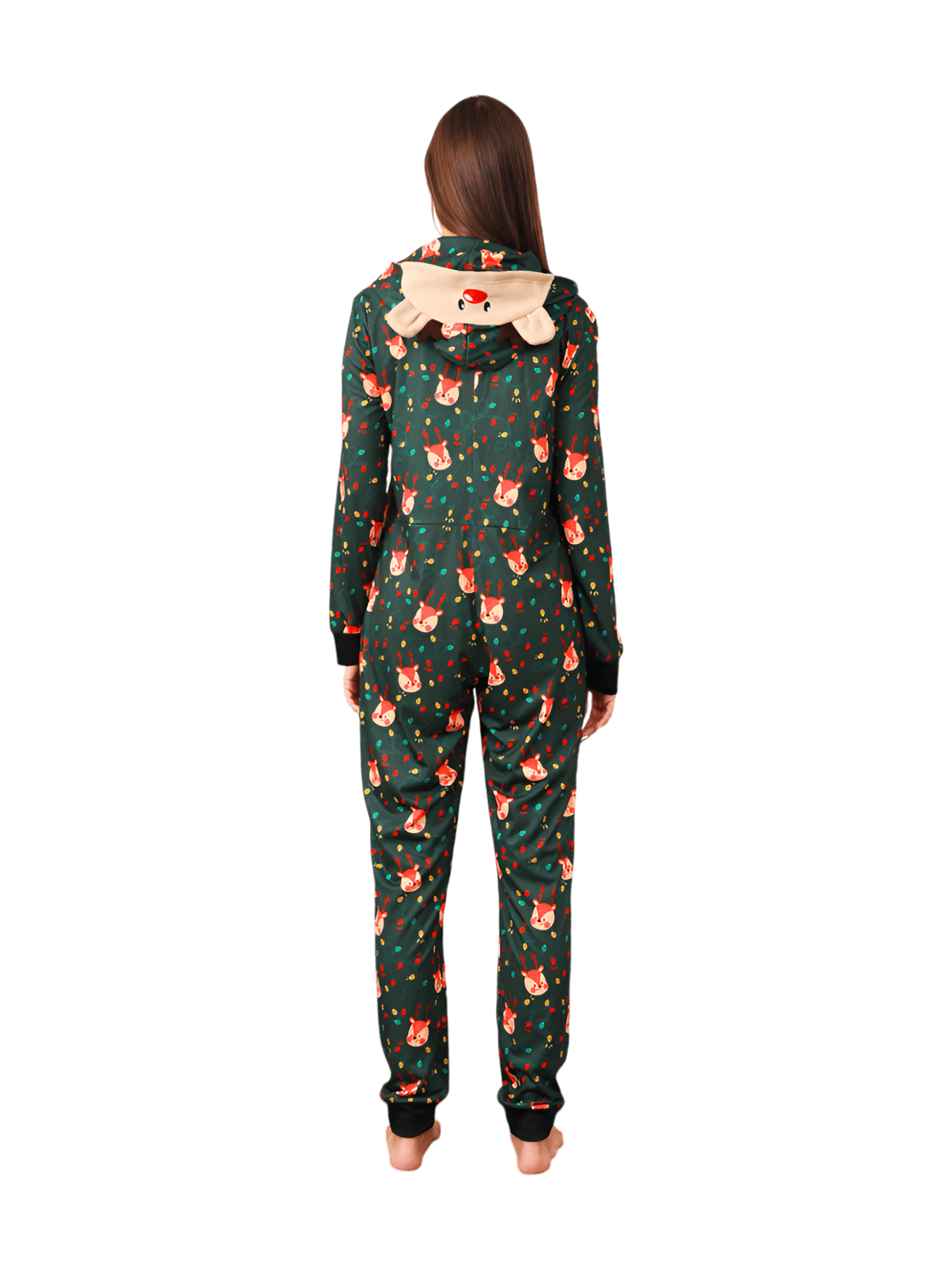 Green cute reindeer jumpsuit with reindeer hood for all ages