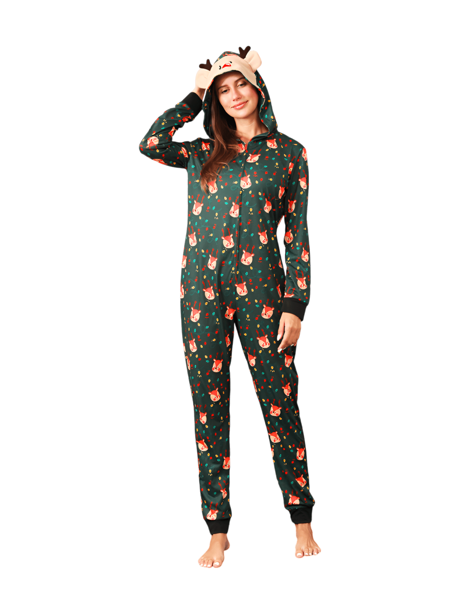 Green cute reindeer jumpsuit with reindeer hood for all ages