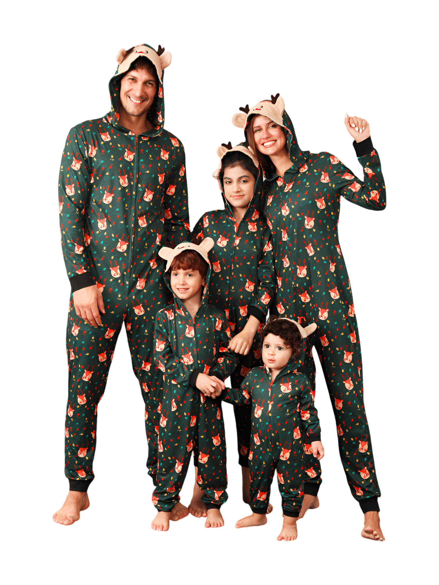 Green cute reindeer jumpsuit with reindeer hood for all ages