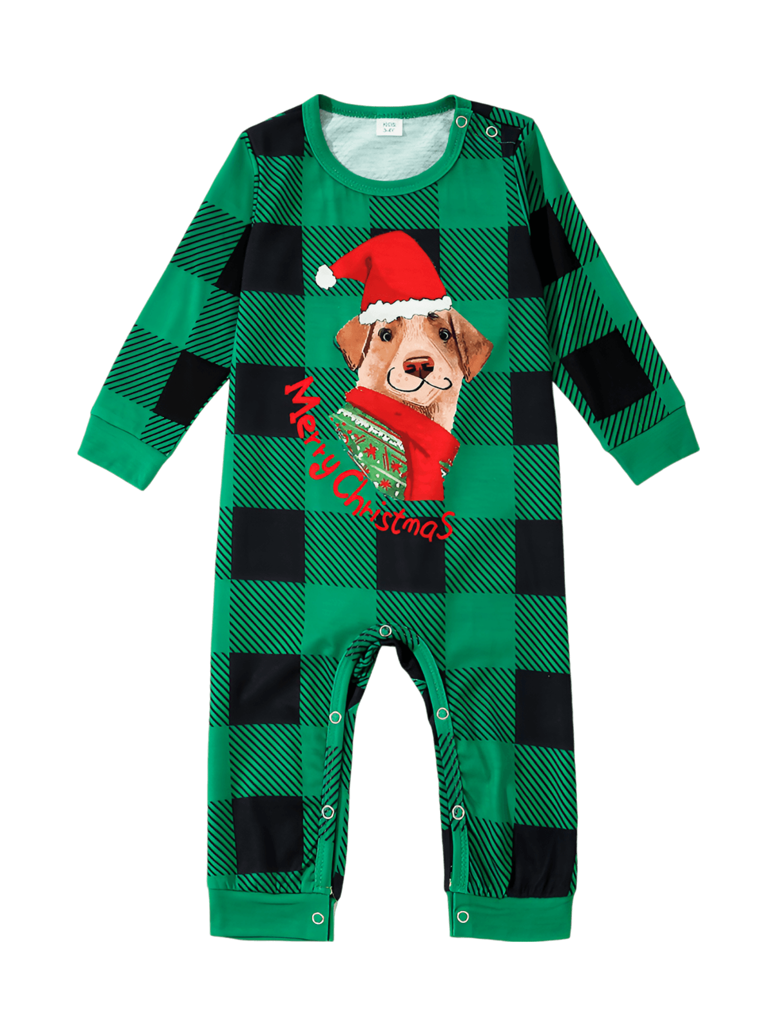 Matching checked pyjama featuring a dog ready to go out for Christmas