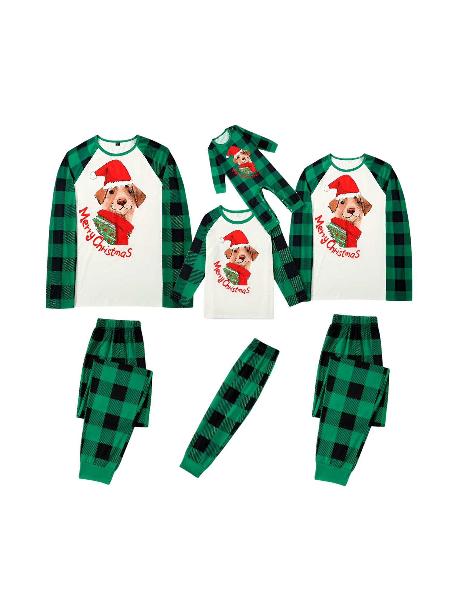Matching checked pyjama featuring a dog ready to go out for Christmas