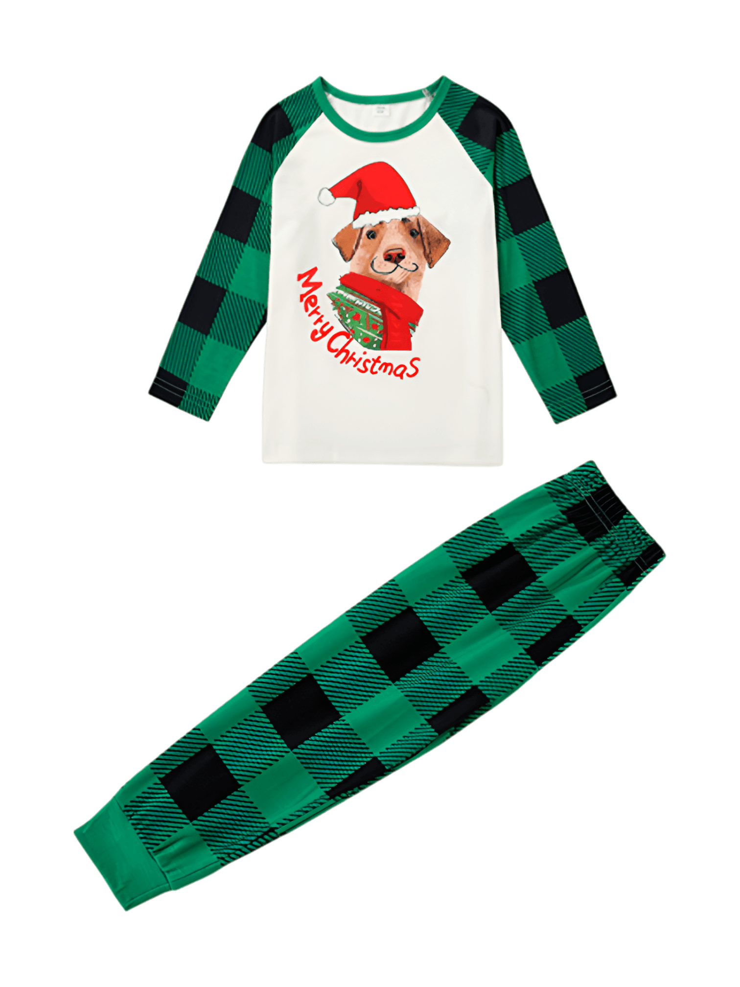 Matching checked pyjama featuring a dog ready to go out for Christmas