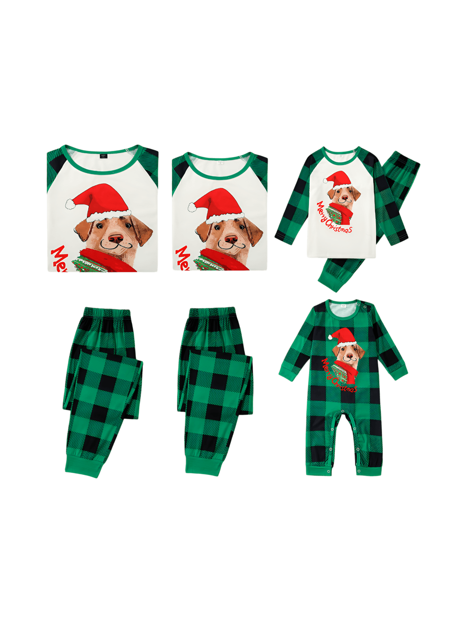 Matching checked pyjama featuring a dog ready to go out for Christmas