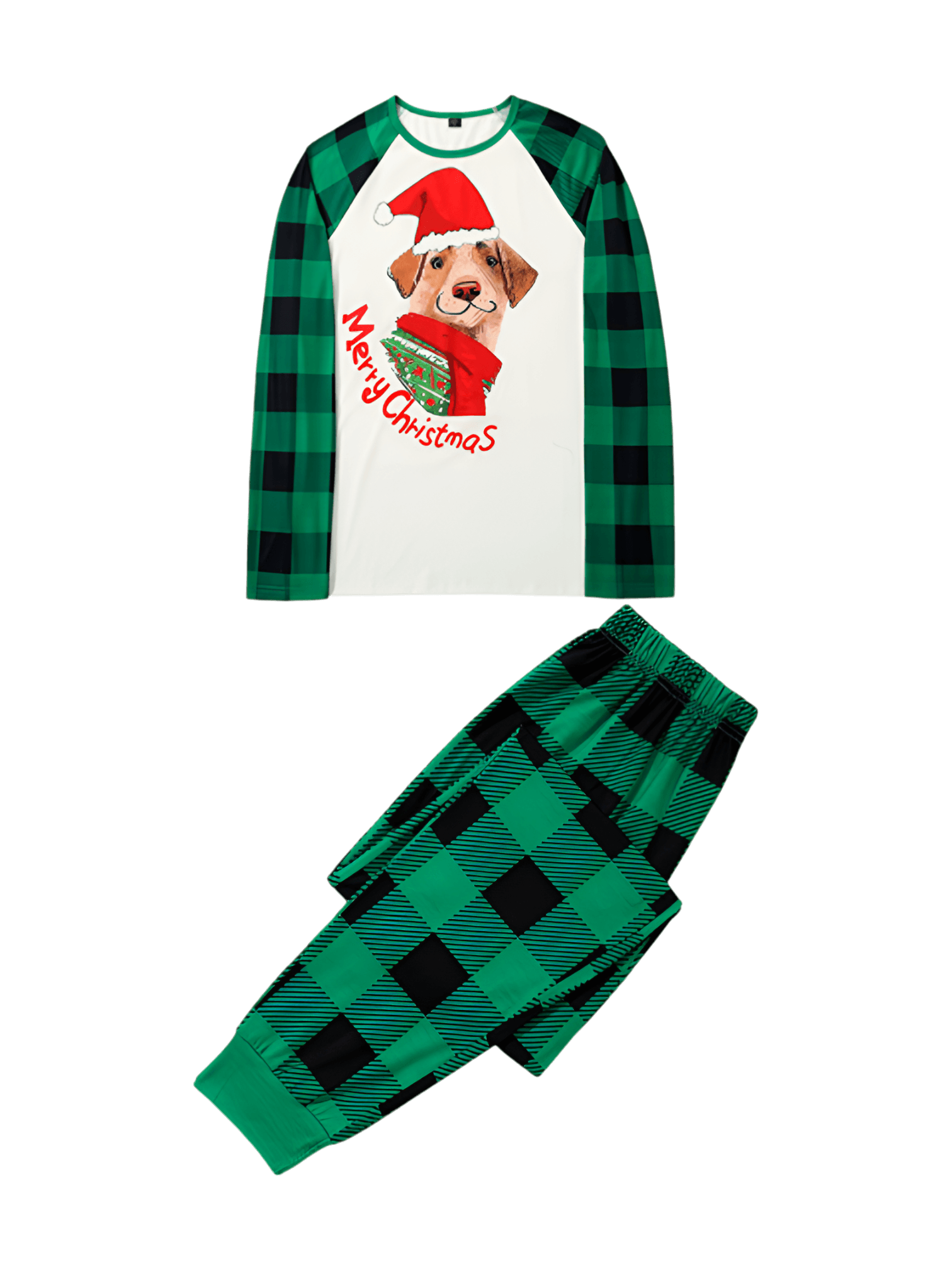 Matching checked pyjama featuring a dog ready to go out for Christmas