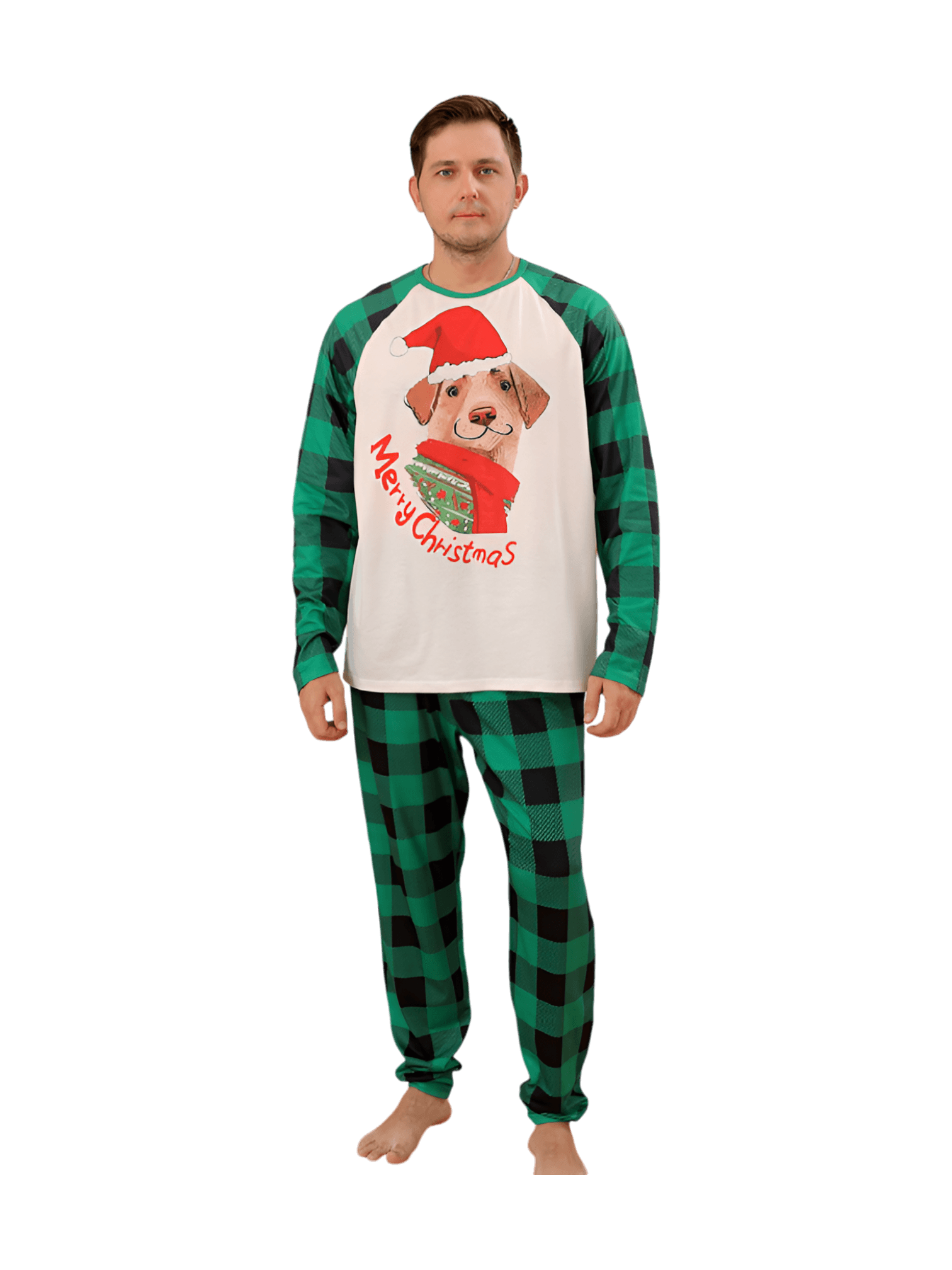 Matching checked pyjama featuring a dog ready to go out for Christmas