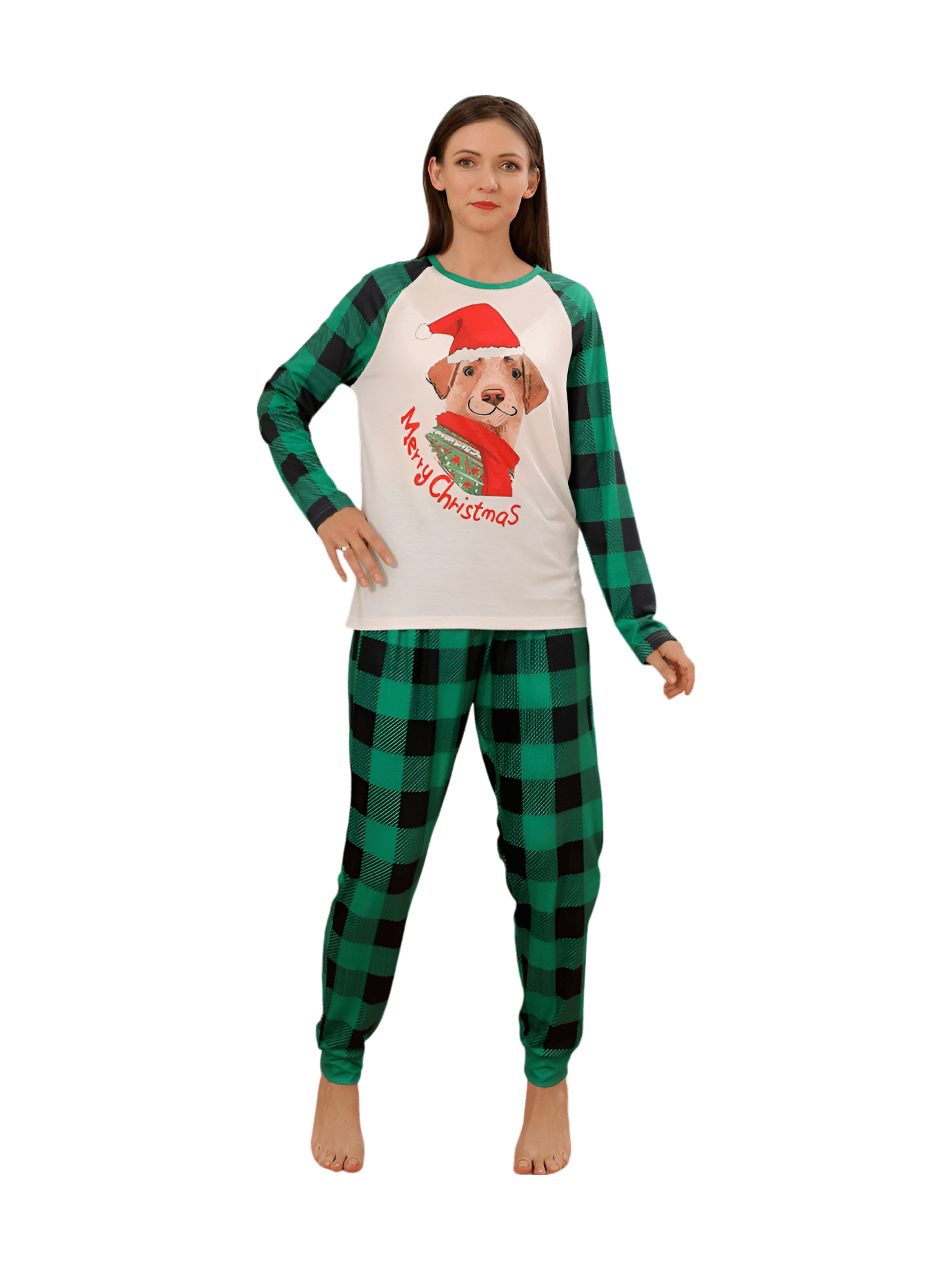 Matching checked pyjama featuring a dog ready to go out for Christmas