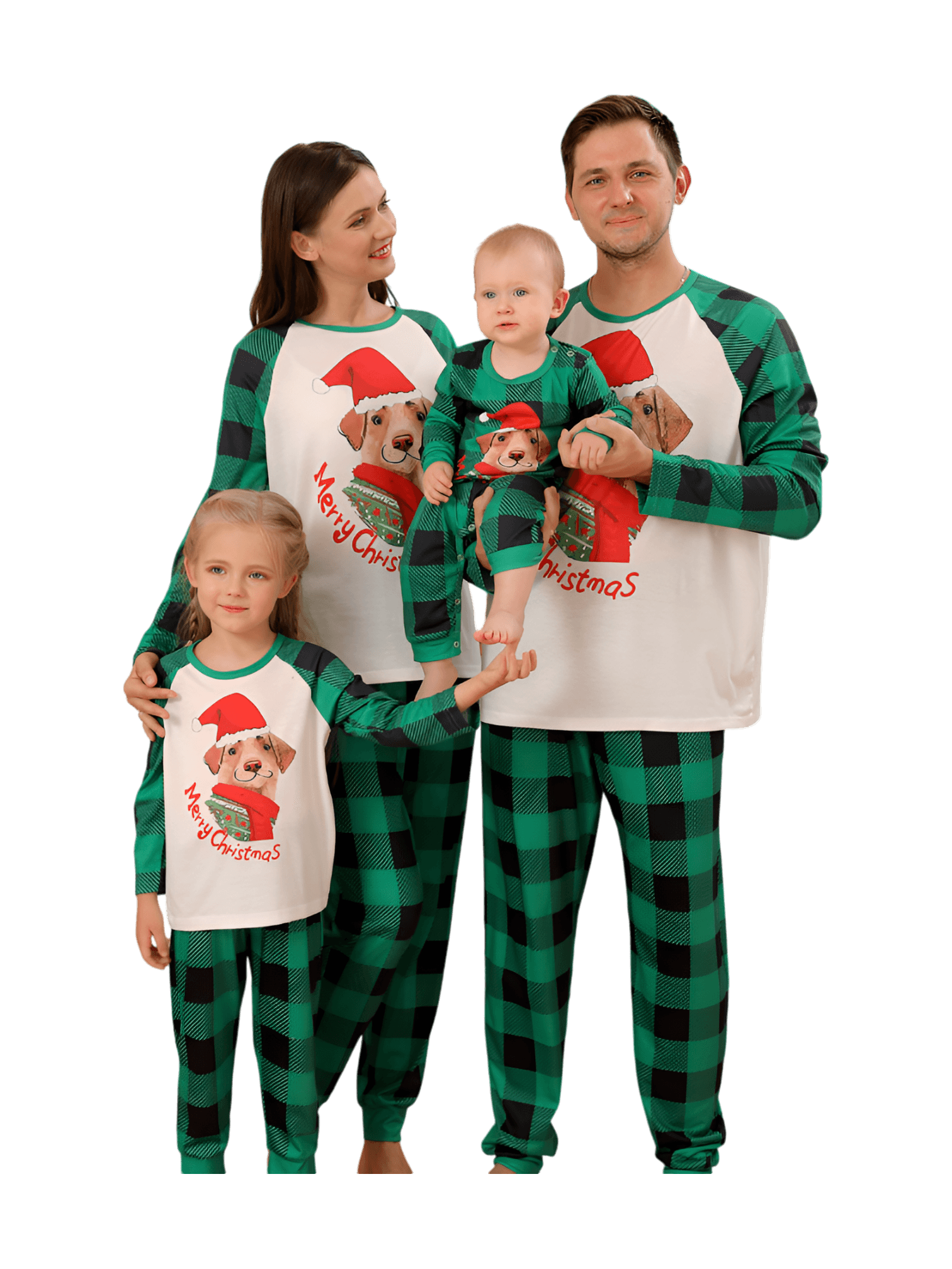 Matching checked pyjama featuring a dog ready to go out for Christmas