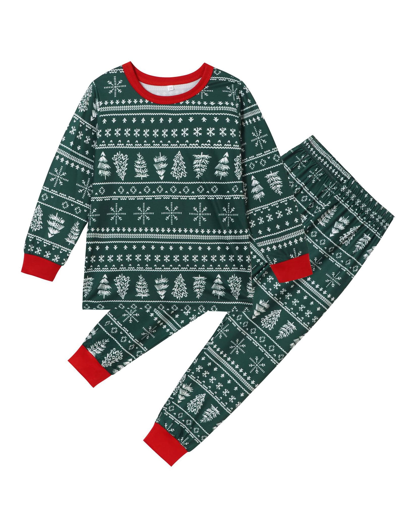 Modern green Christmas pyjamas with winter motifs, snowflakes, fir trees