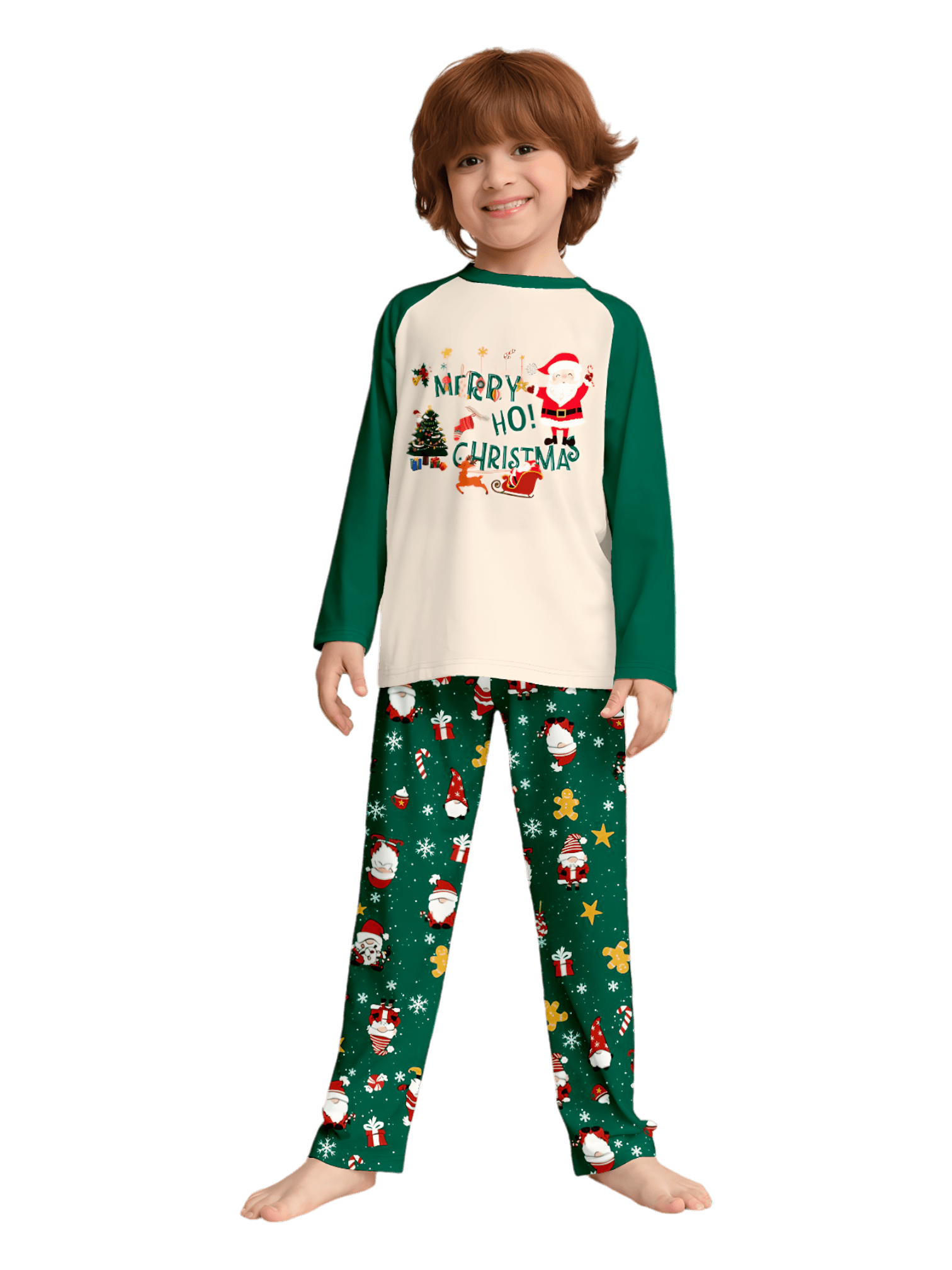 Original pijama navideño verde estrellado con motivos navideños y de Papá Noel