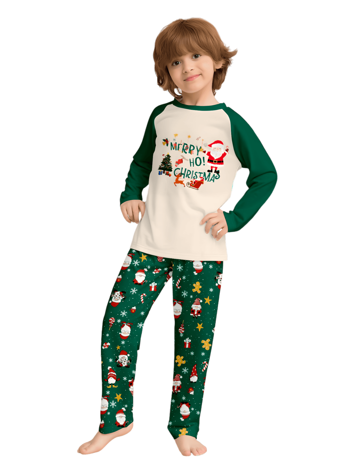Original pijama navideño verde estrellado con motivos navideños y de Papá Noel