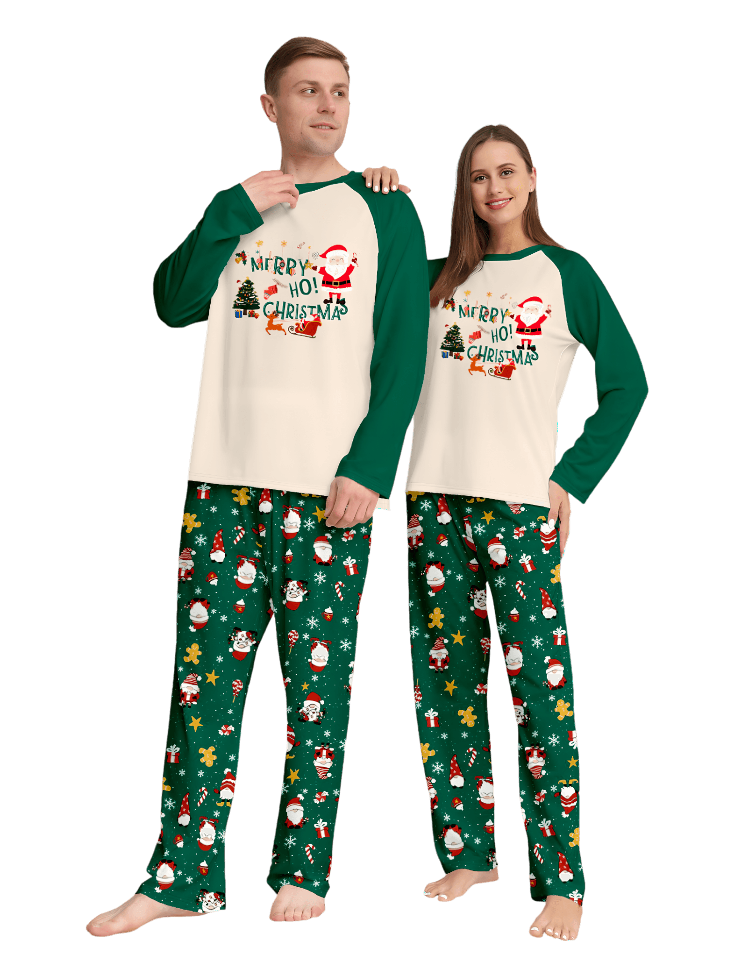 Original pijama navideño verde estrellado con motivos navideños y de Papá Noel