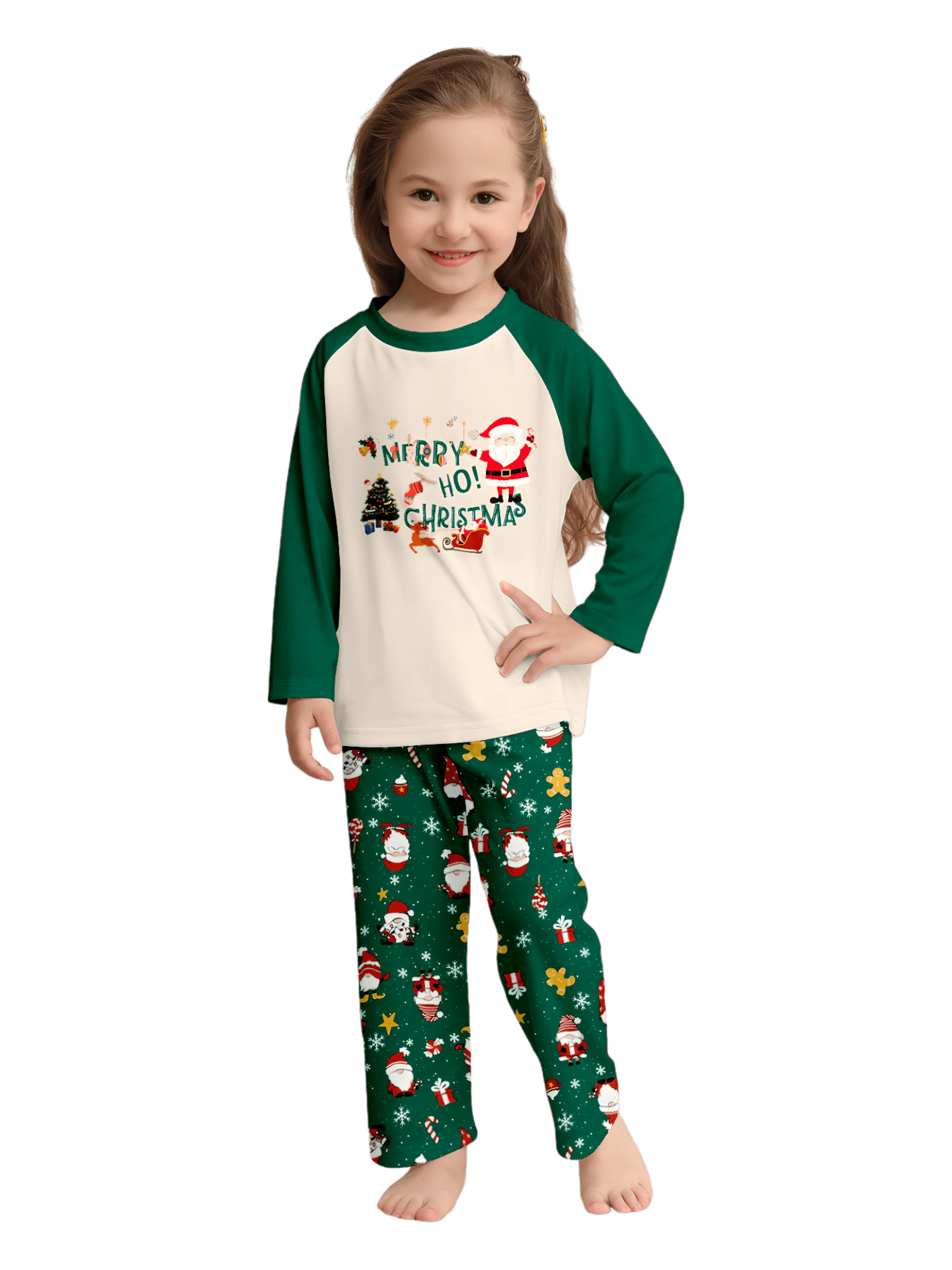 Original pijama navideño verde estrellado con motivos navideños y de Papá Noel