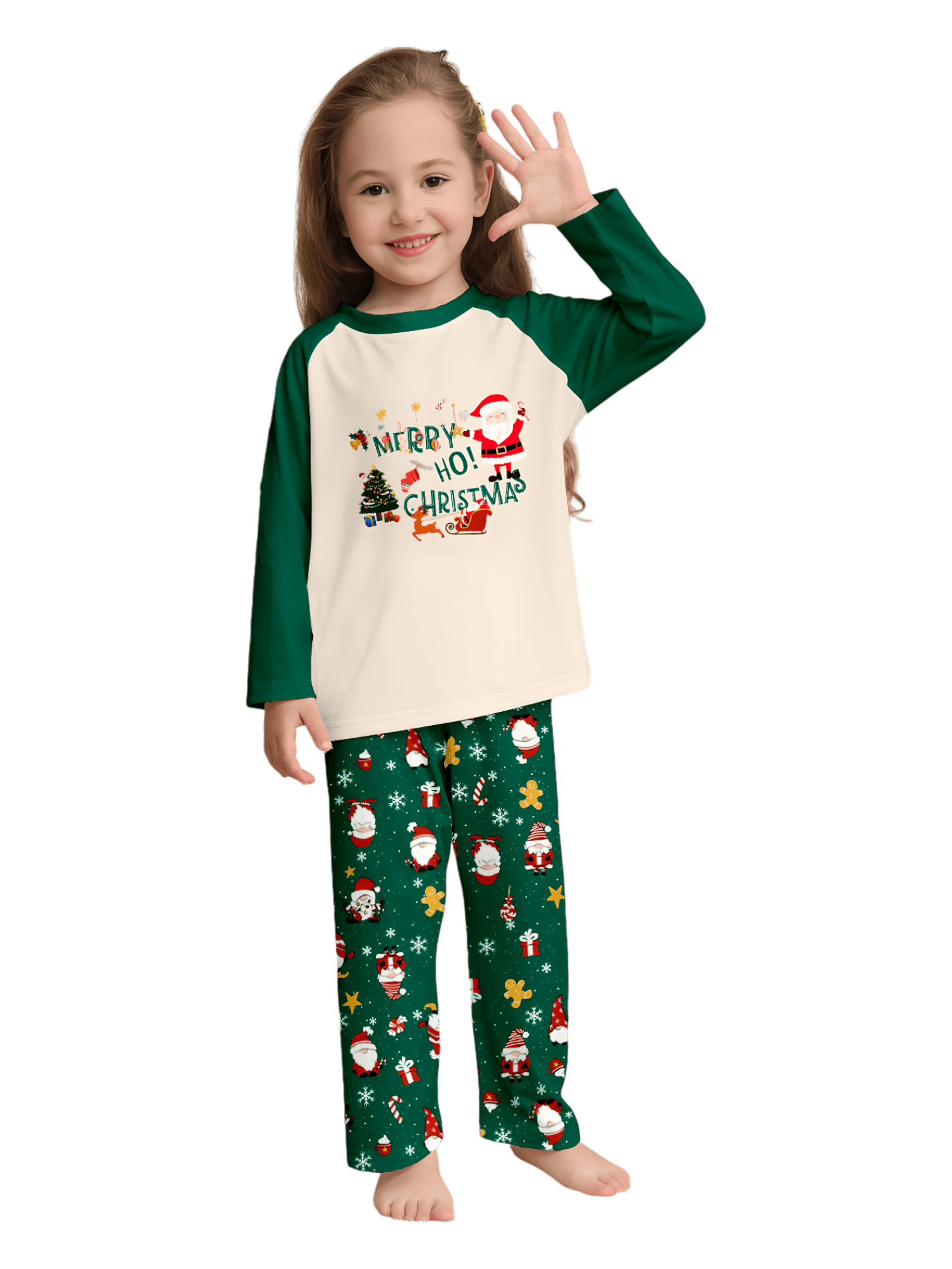Original pijama navideño verde estrellado con motivos navideños y de Papá Noel