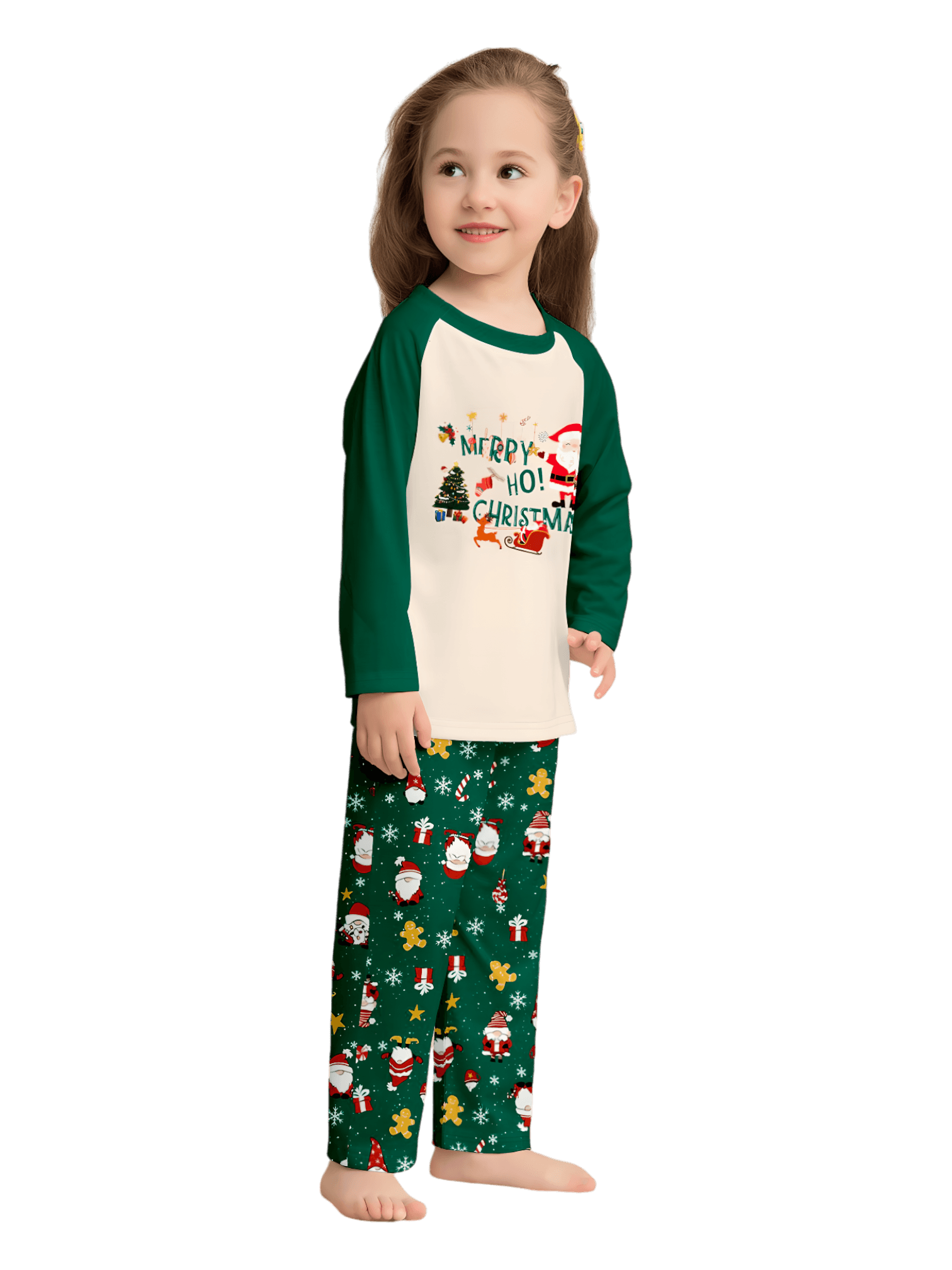 Original pijama navideño verde estrellado con motivos navideños y de Papá Noel